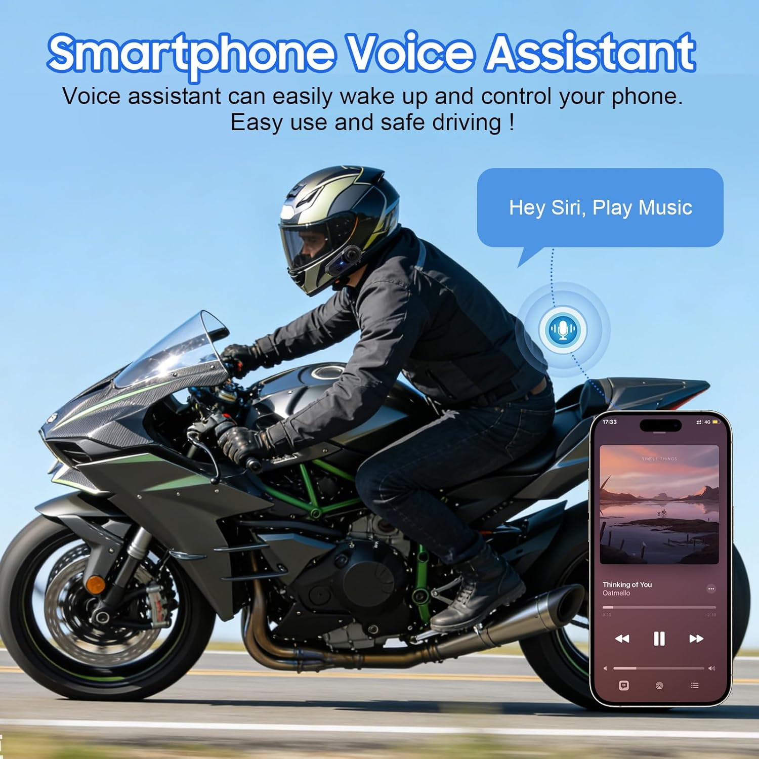 Motorradfahrer mit Helm und Smartphone, das Musik spielt.