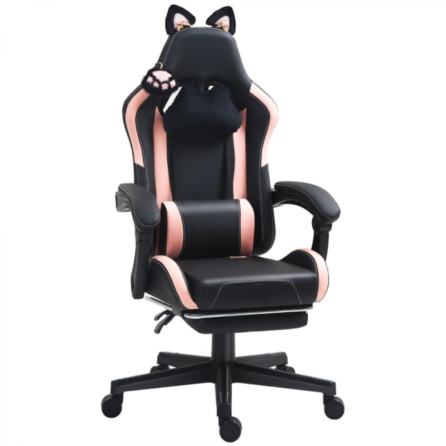Ein schwarzer Gaming-Stuhl mit rosa Akzenten und Katzenohren.