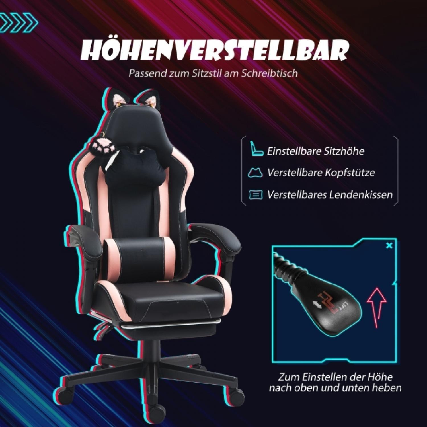 Schwarzer Gaming-Stuhl mit rosa Akzenten, verstellbarer Höhe, Kopfstütze und Lendenkissen.