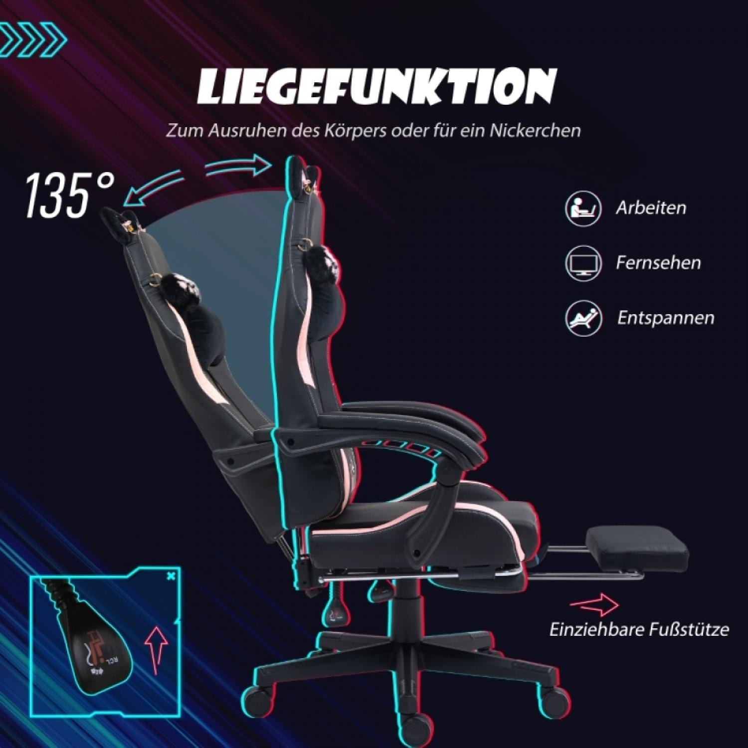 Gamingstuhl mit Liegefunktion, verstellbar bis 135°, mit Fußstütze.