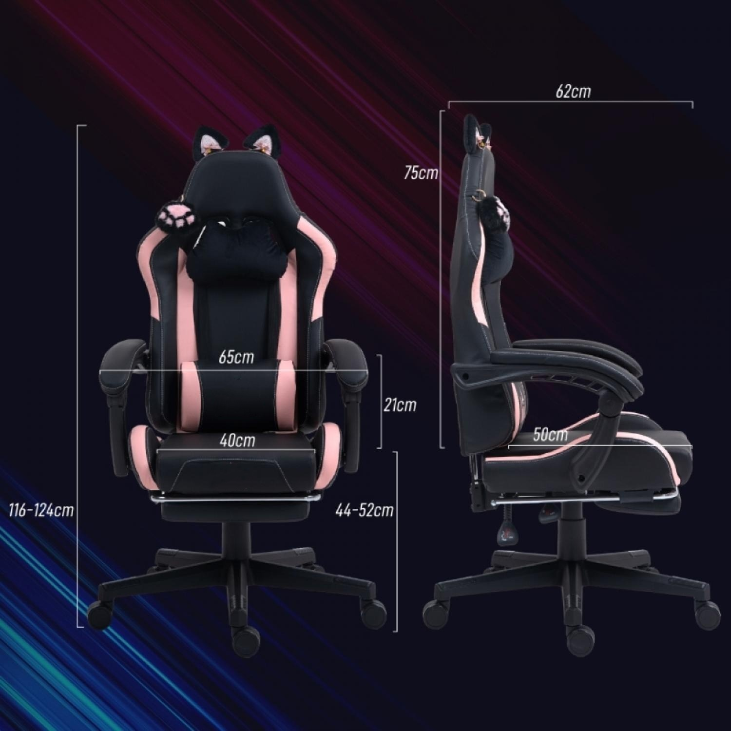 Schwarzer Gaming-Stuhl mit rosa Akzenten, Katzenohren und Maßen.