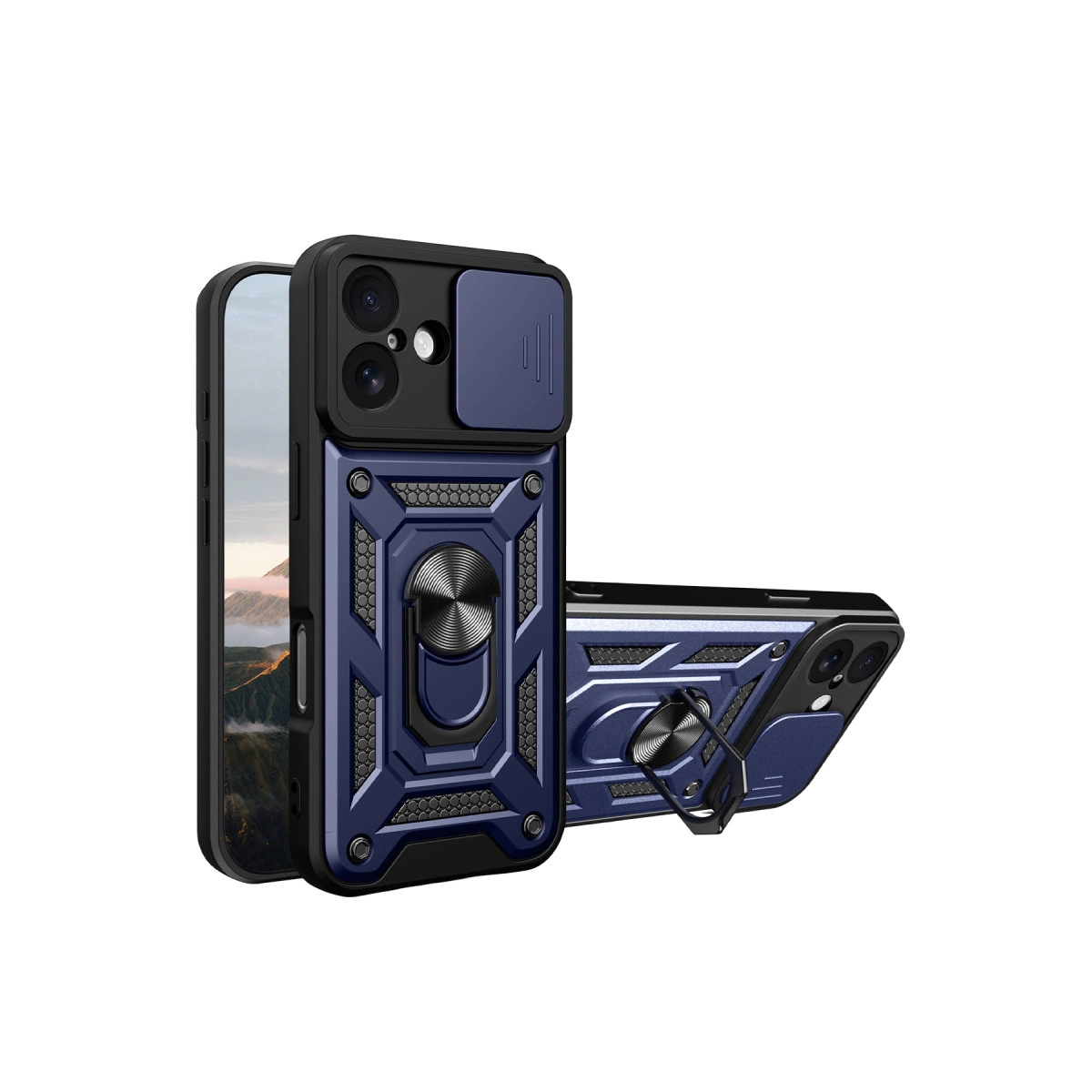 Halka tutuculu ve kamera kapaklı mavi telefon kılıfı.