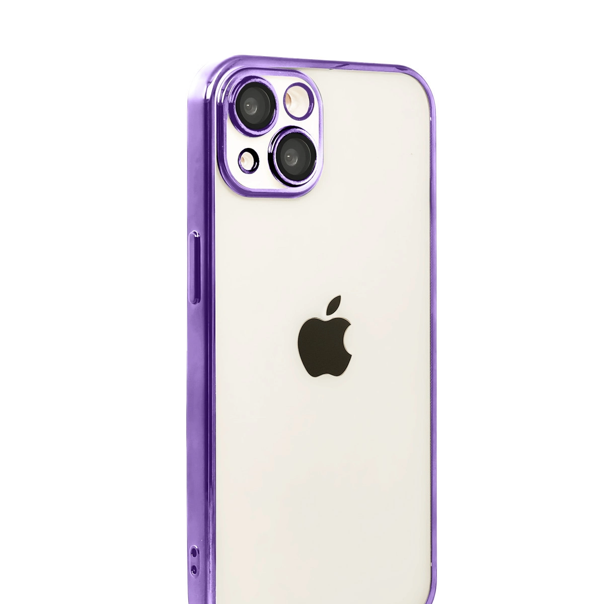 Üç kamerası olan mor kılıflı beyaz iPhone'un arkası.