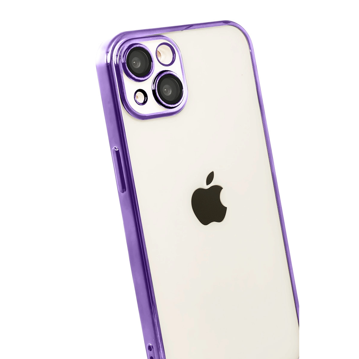 Beyaz arka plan üzerinde Apple logosu ve kamera kesimli mor telefon kılıfı.