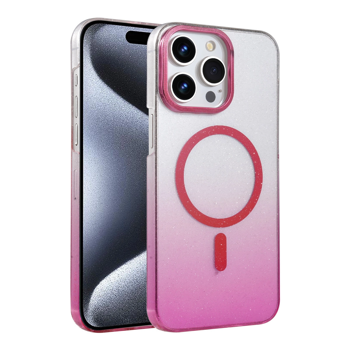 Pembe degrade ve simli şeffaf telefon kılıfı, kamera ve halka gösteriliyor.