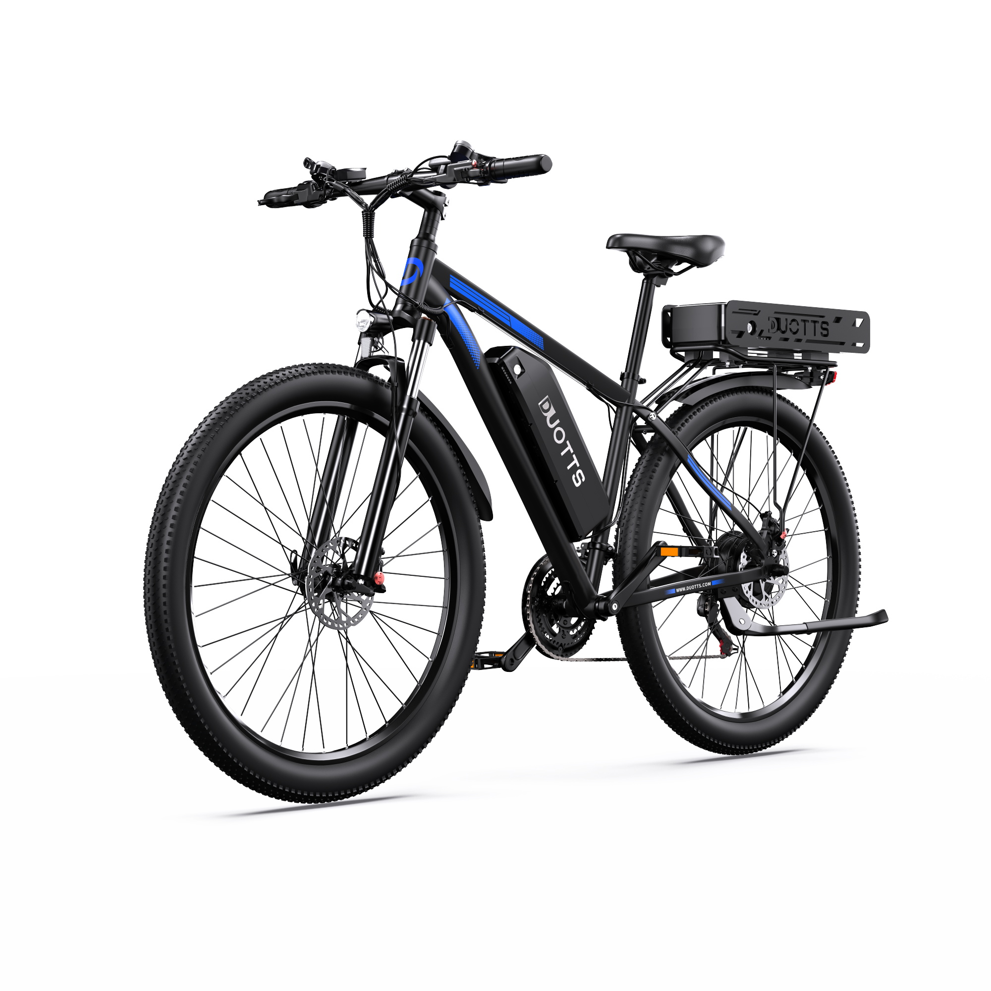 Schwarzes E-Bike mit blauen Akzenten, dicken Reifen und Gepäckträger.