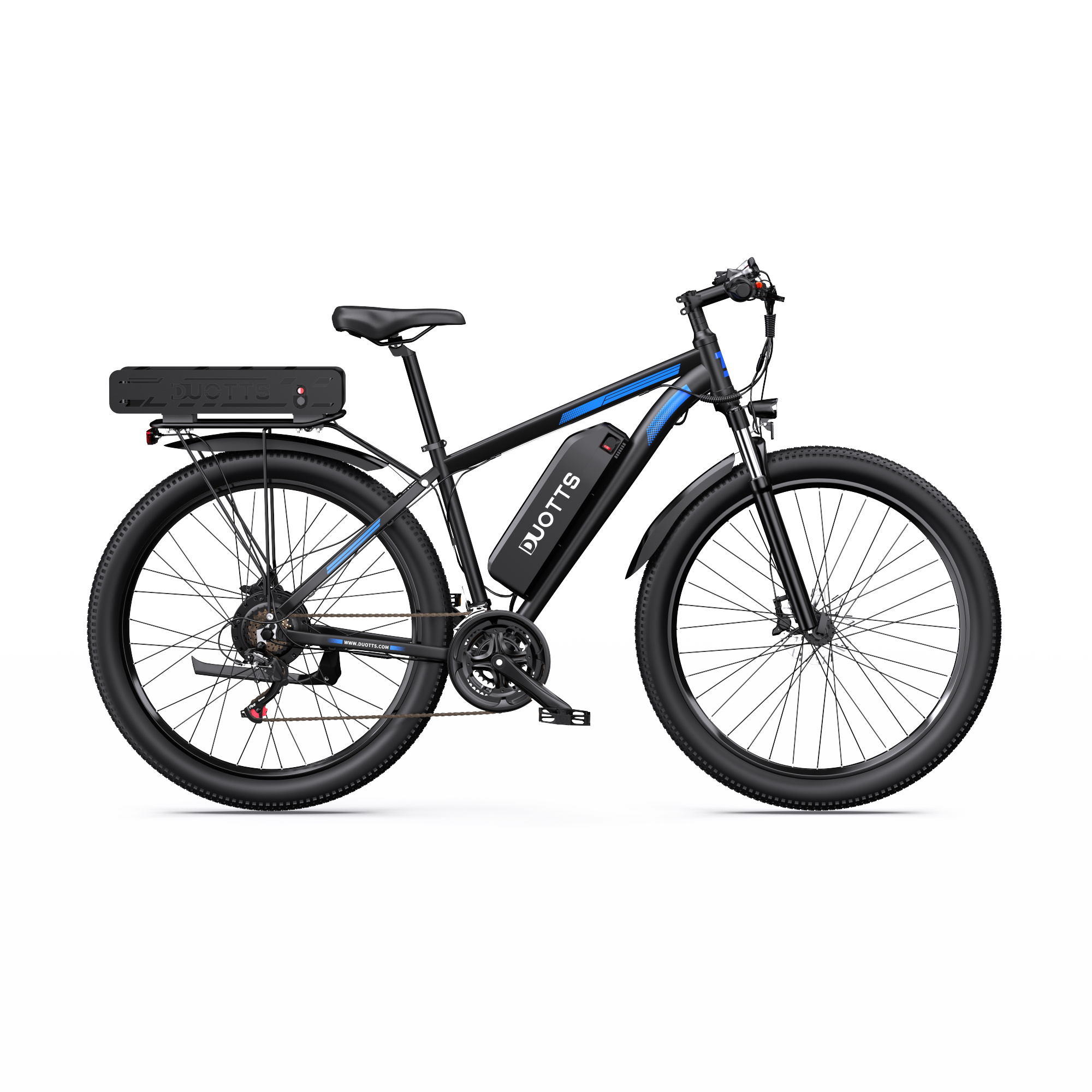 Schwarzes E-Bike mit blauen Akzenten, auf weißem Hintergrund.