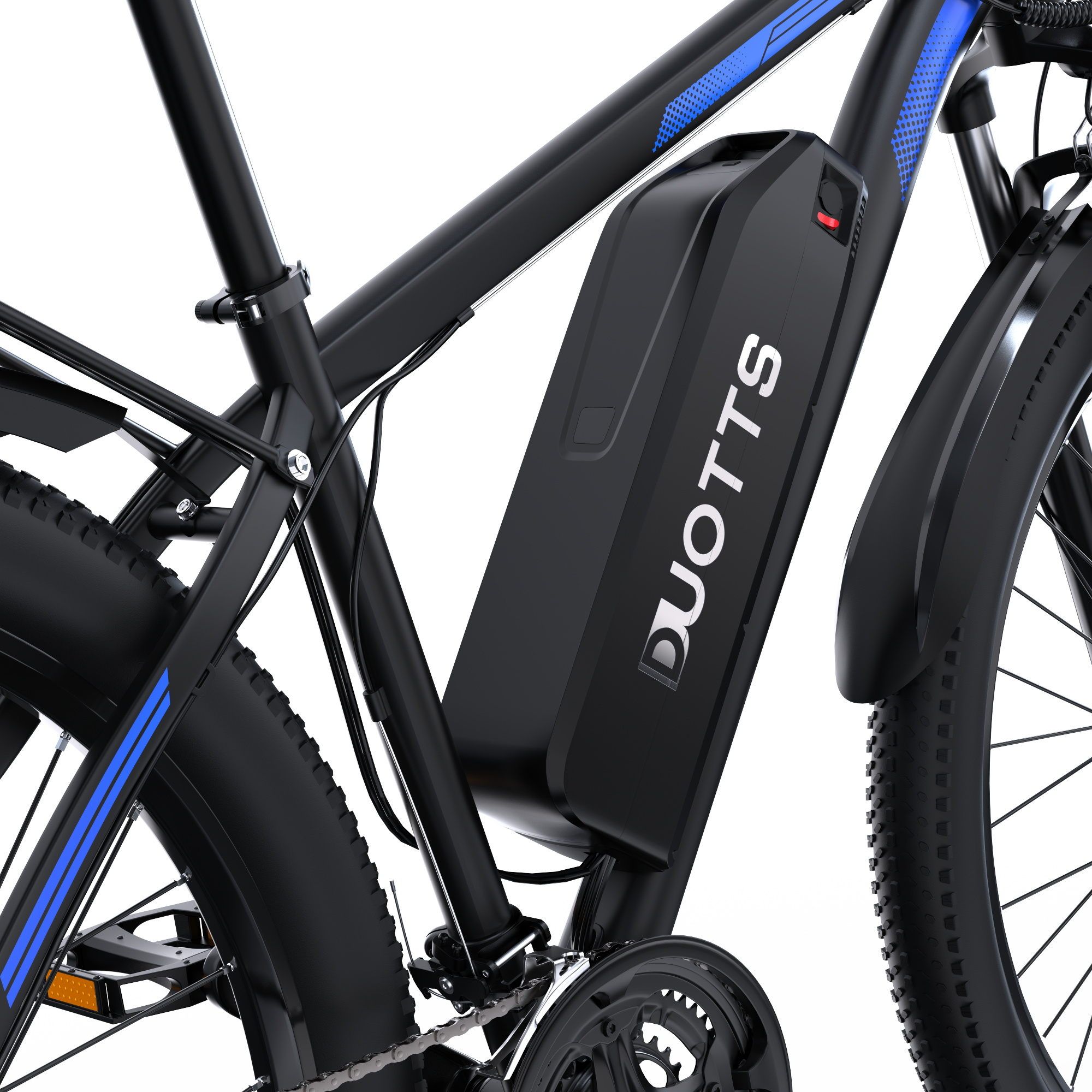 Schwarzes E-Bike mit blauem Streifenmuster auf dem Rahmen und schwarzem Akku.