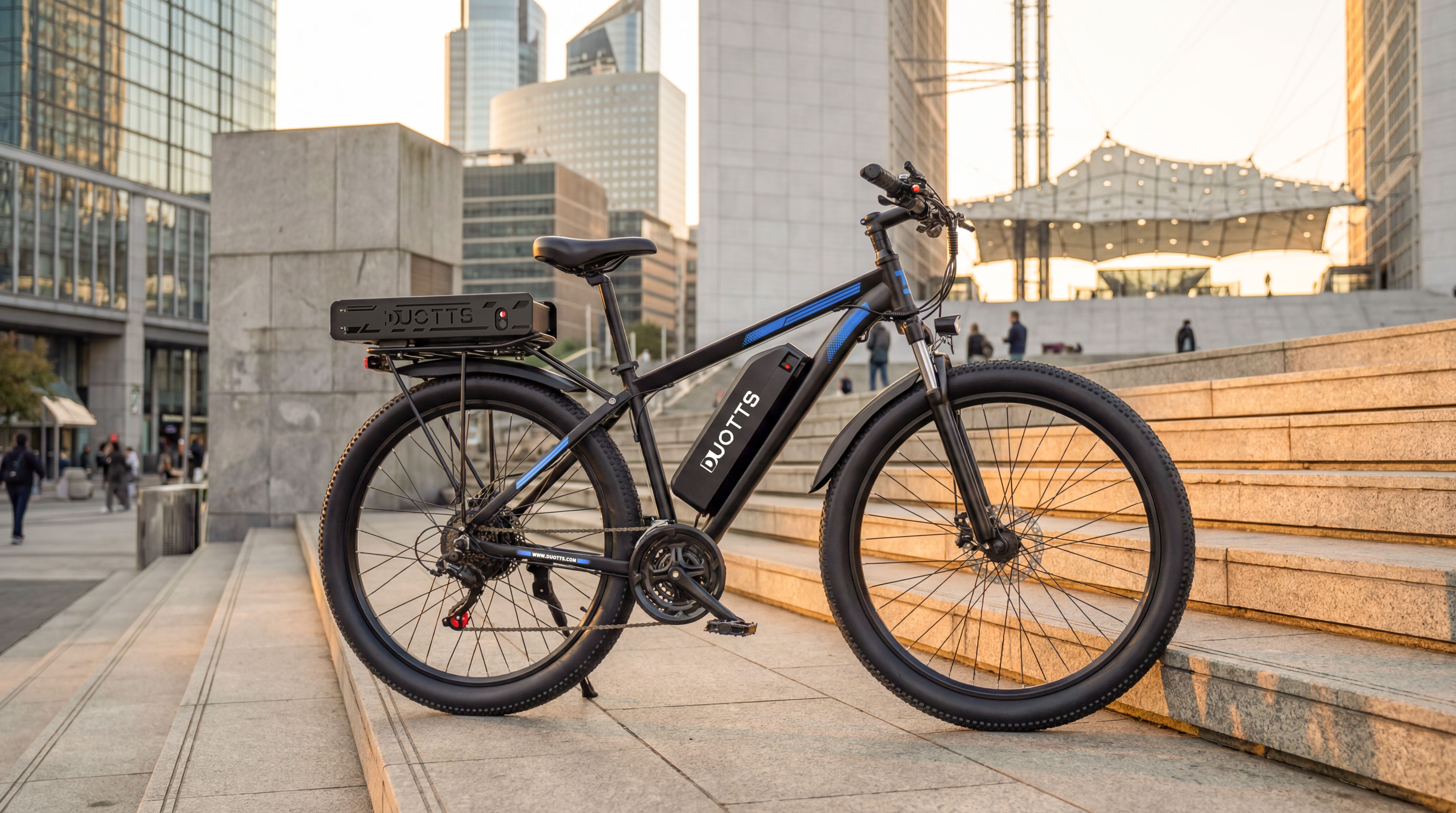 Ein schwarzes E-Bike mit DUOTTS-Aufschrift steht auf Steinstufen vor moderner Architektur.