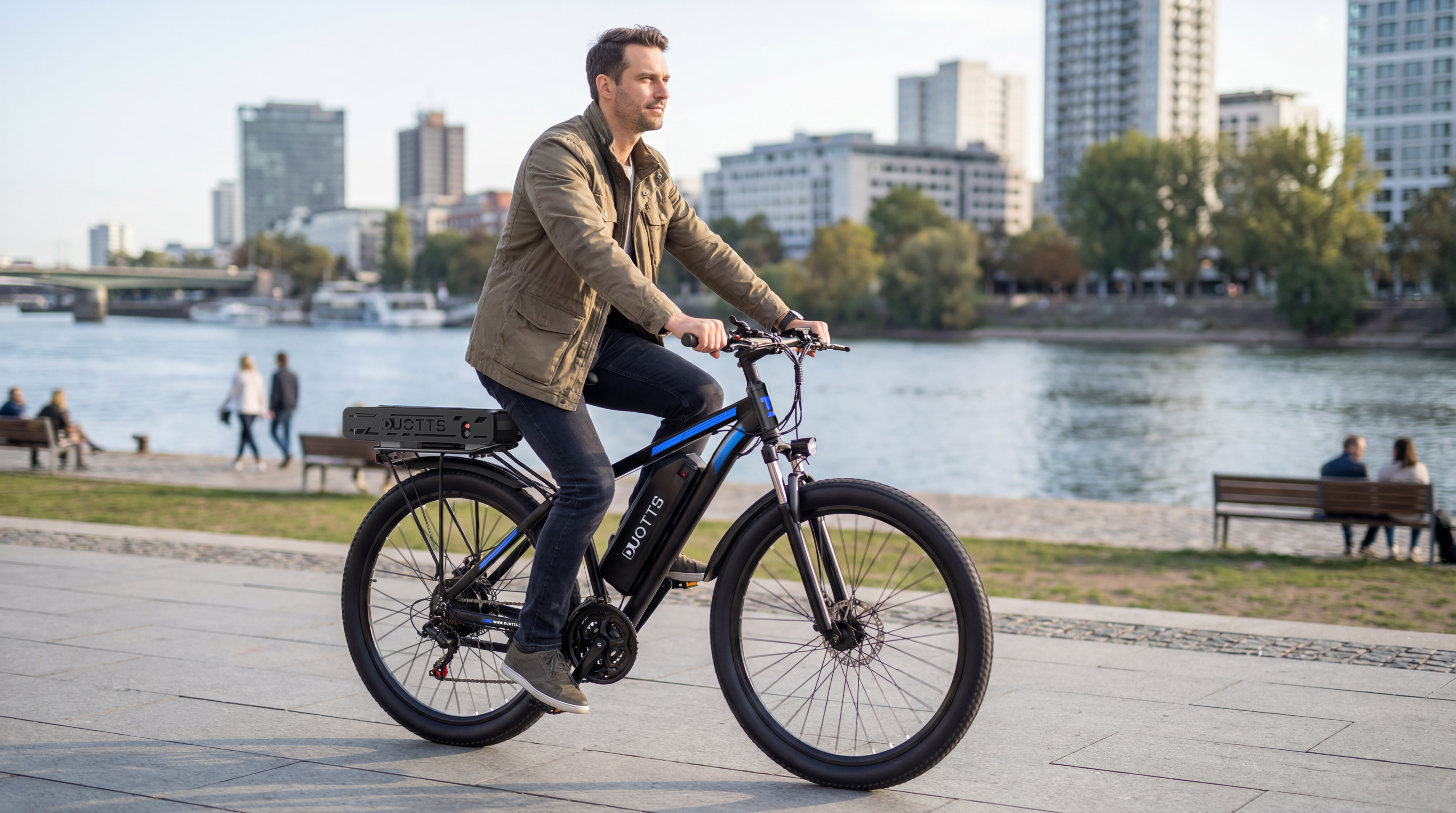 Mann fährt E-Bike am Flussufer mit Stadtkulisse im Hintergrund.