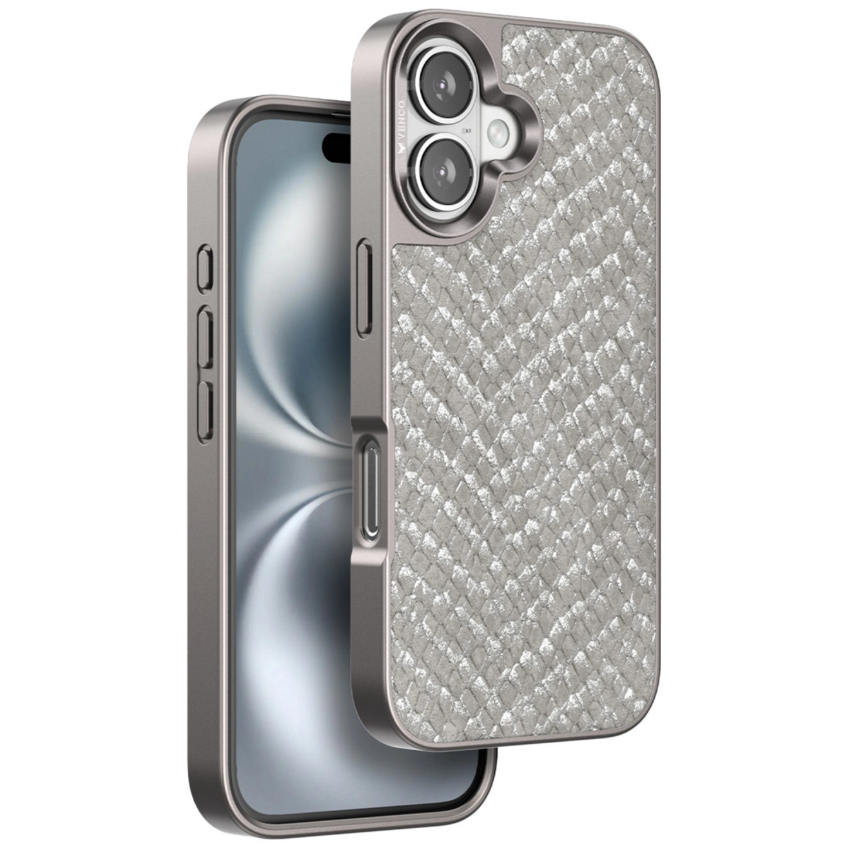 Balıksırtı desenli, gri telefon kılıfı ve iki kamera lensi.
