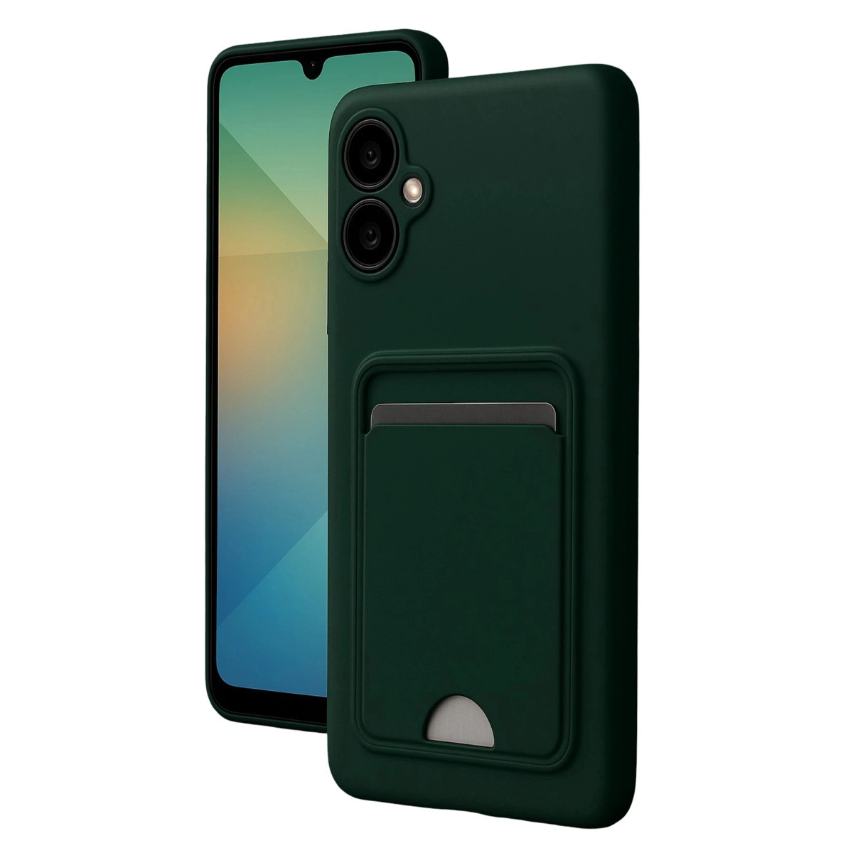 Kart tutuculu koyu yeşil telefon kılıfı, kameralı telefonu gösteriyor.