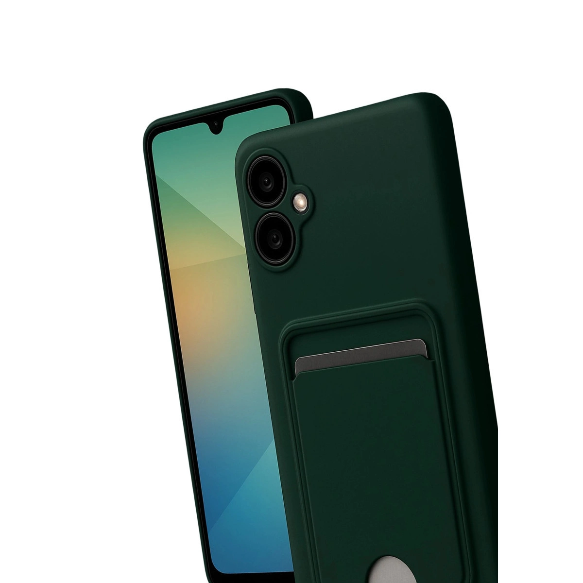 Kart yuvalı ve iki kamera lensli koyu yeşil telefon kılıfı.