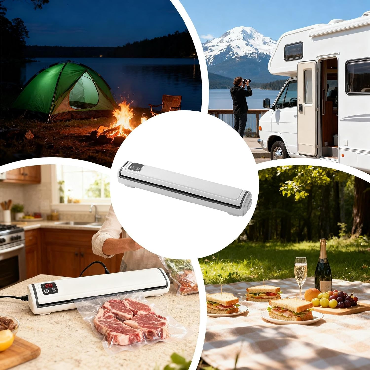 Vakuumierer mit Camping, Wohnmobil, Küche und Picknick-Szenen.