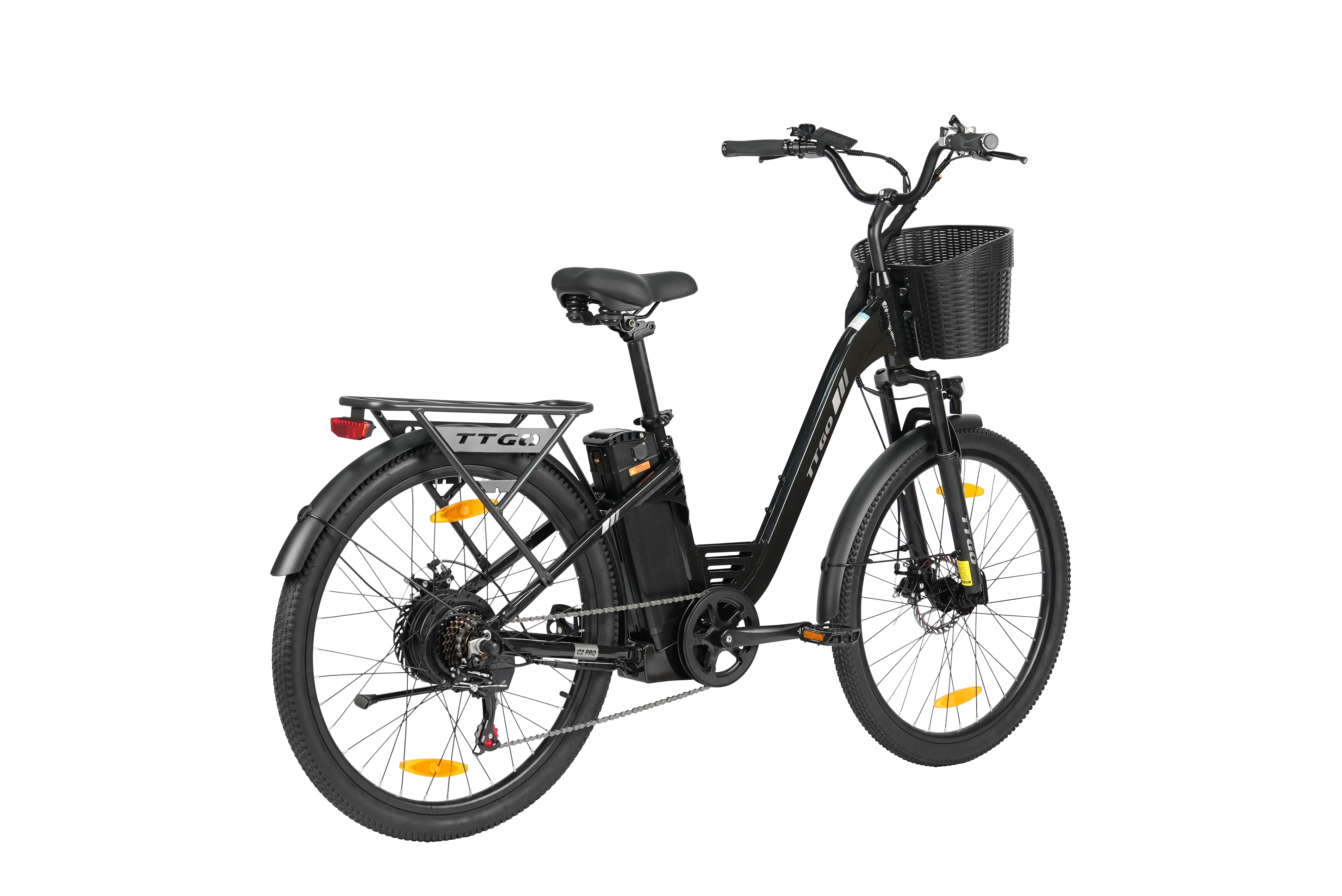 Schwarzes E-Bike mit Gepäckträger, Korb und Batteriepack.