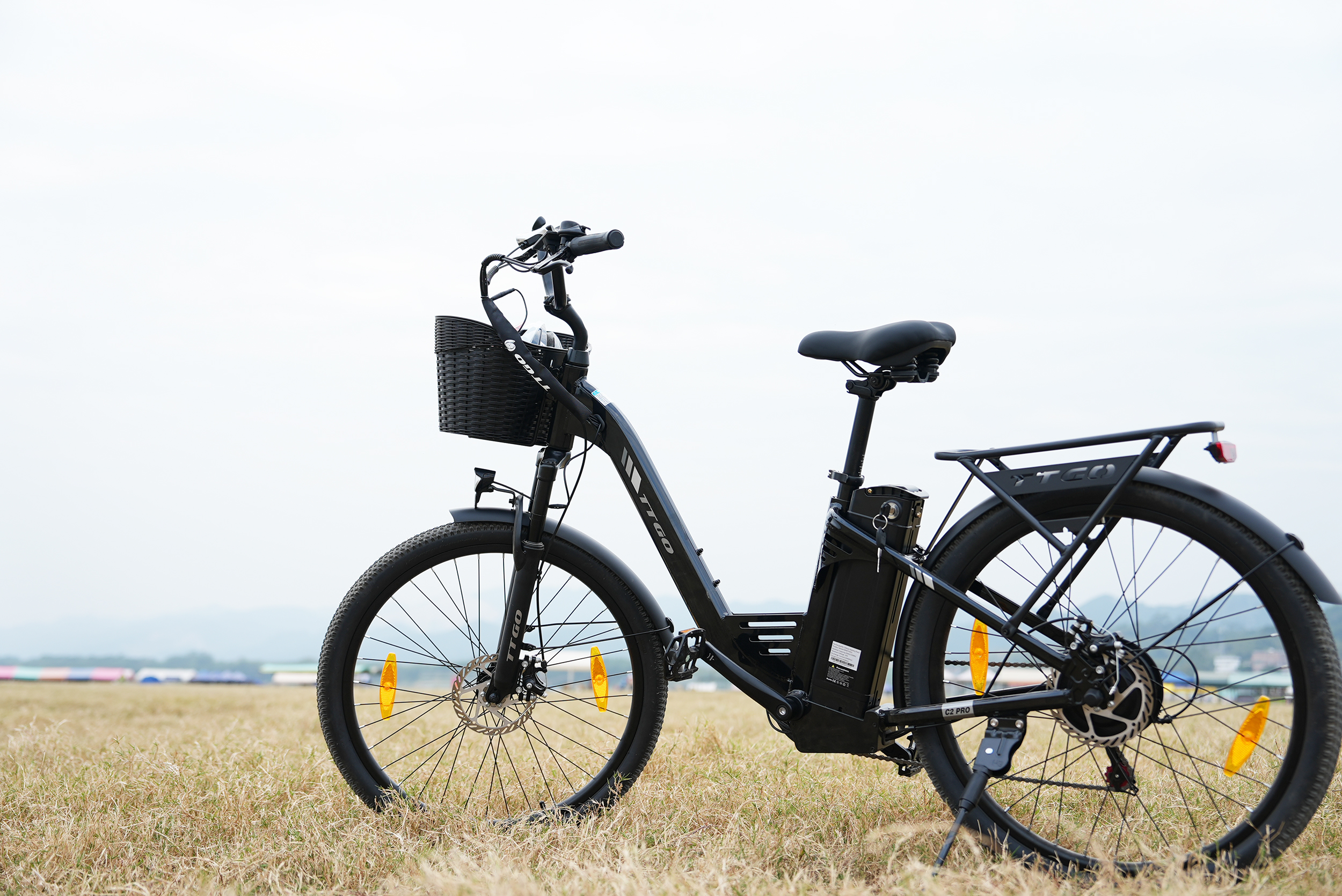 Ein schwarzes E-Bike mit Korb und Gepäckträger steht auf trockenem Gras.