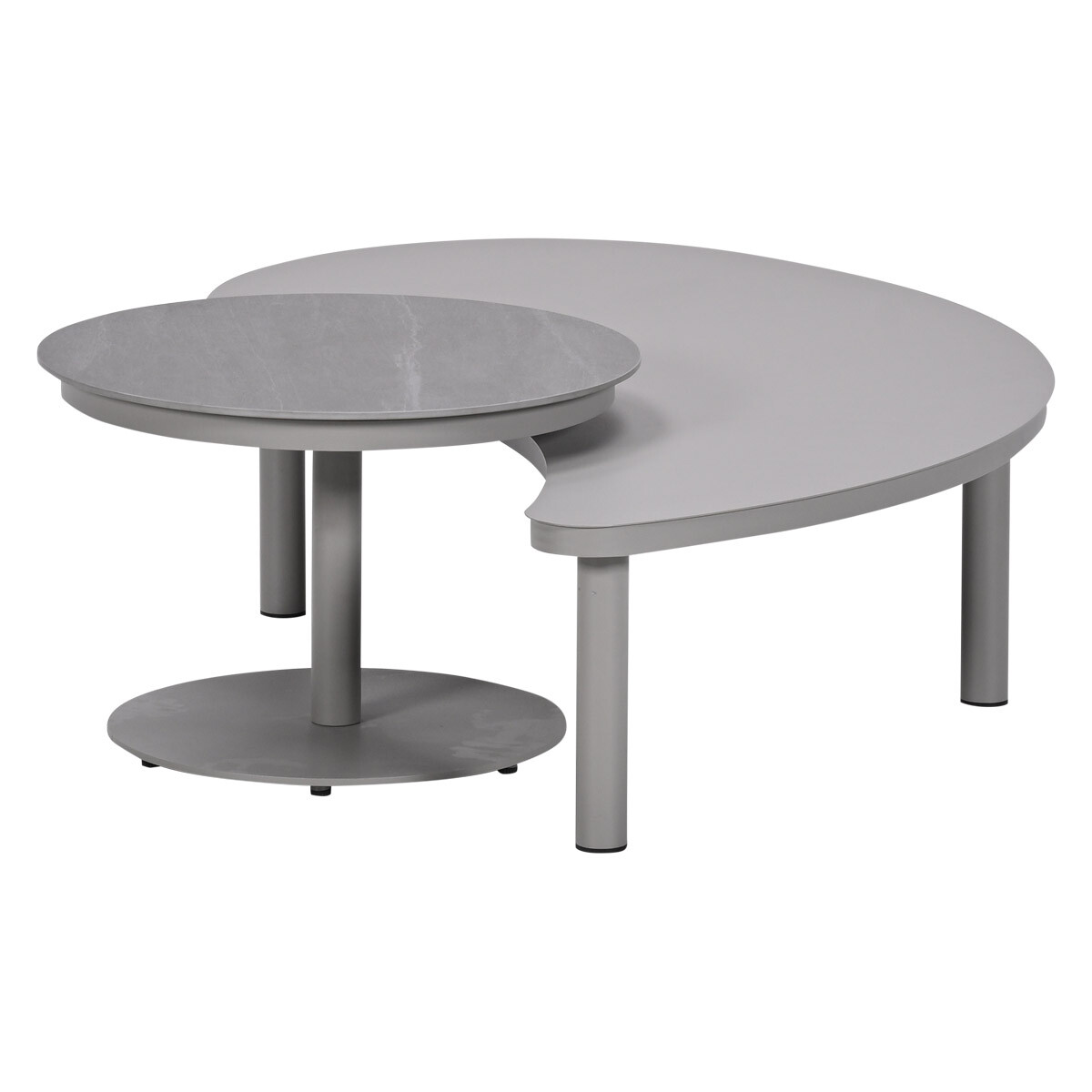 Two gray, modern crescent-shaped tables, one smaller and round.