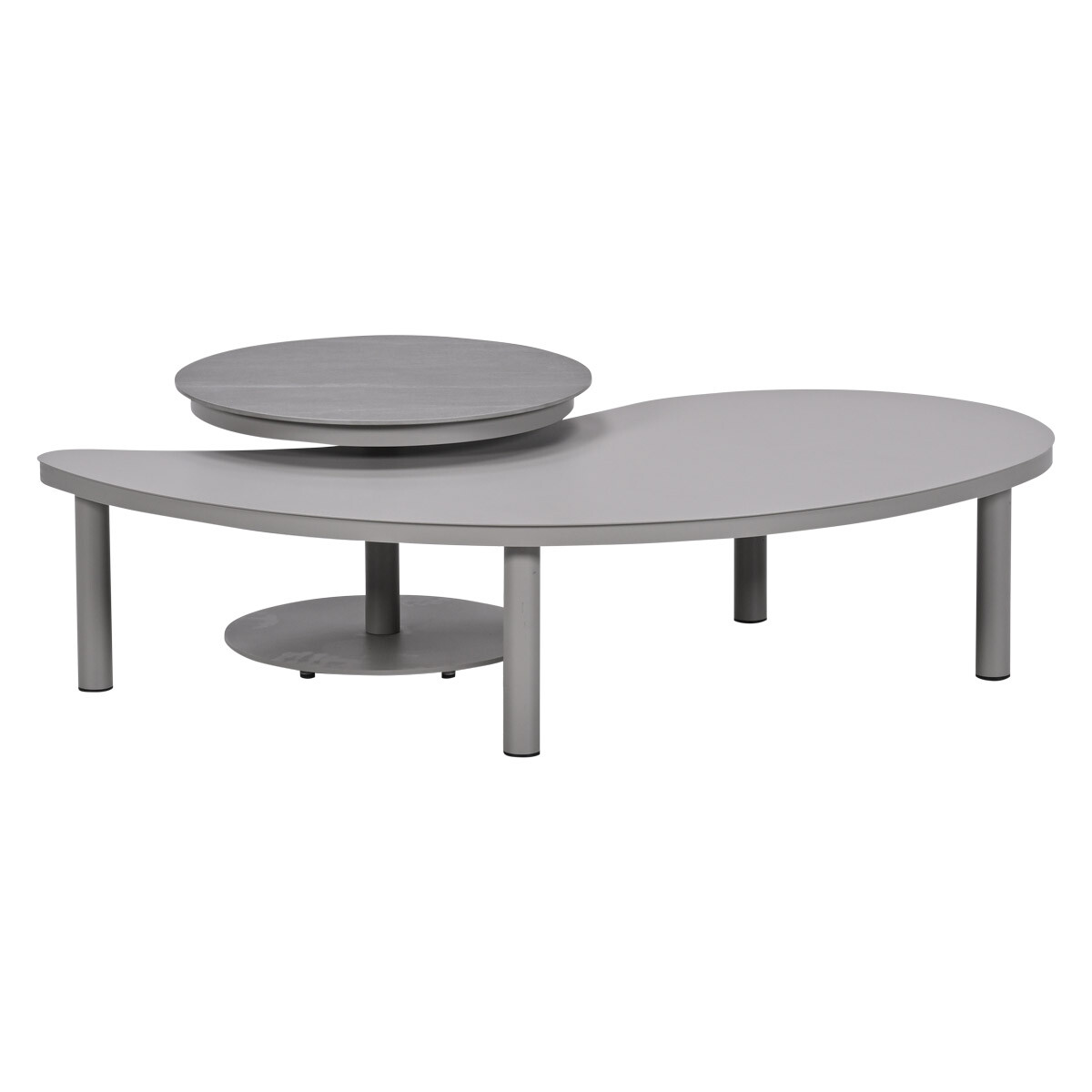A grey, two-tiered coffee table with an irregular, flowing shape.