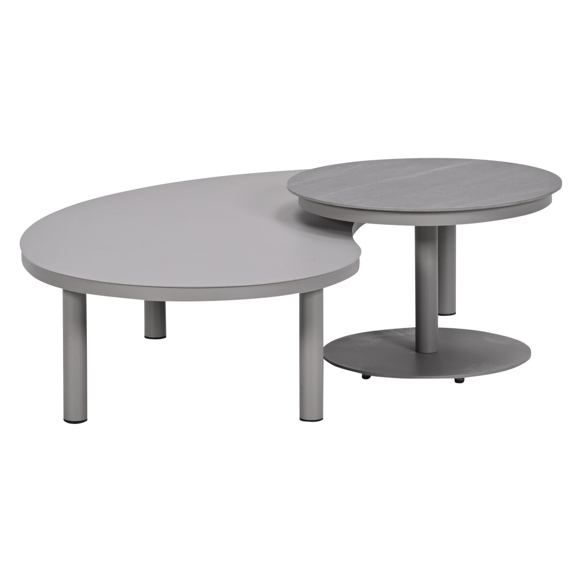 A modern grey coffee table with two tiers, one kidney-shaped and one round top.