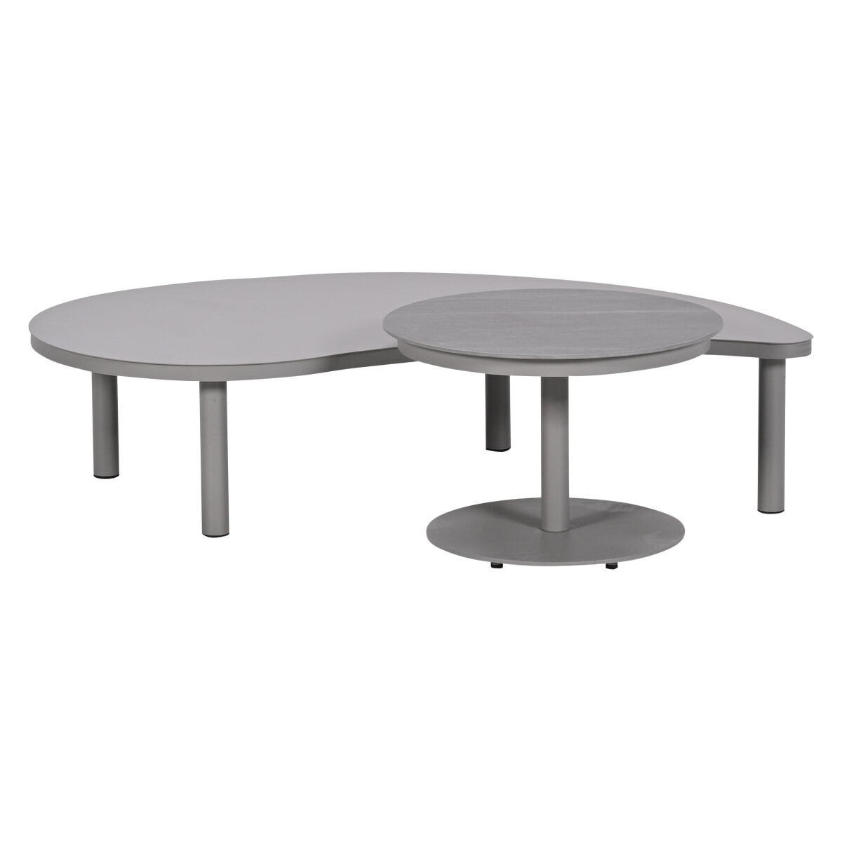 Gray coffee tables of various shapes and sizes are placed side by side.