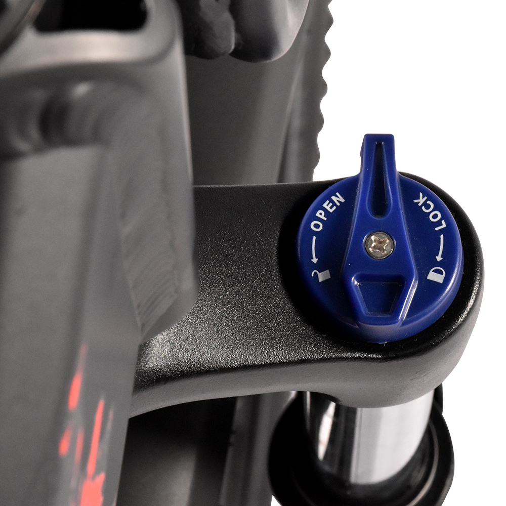 Blaue Gabelverstellung mit „Open“ und „Lock“.