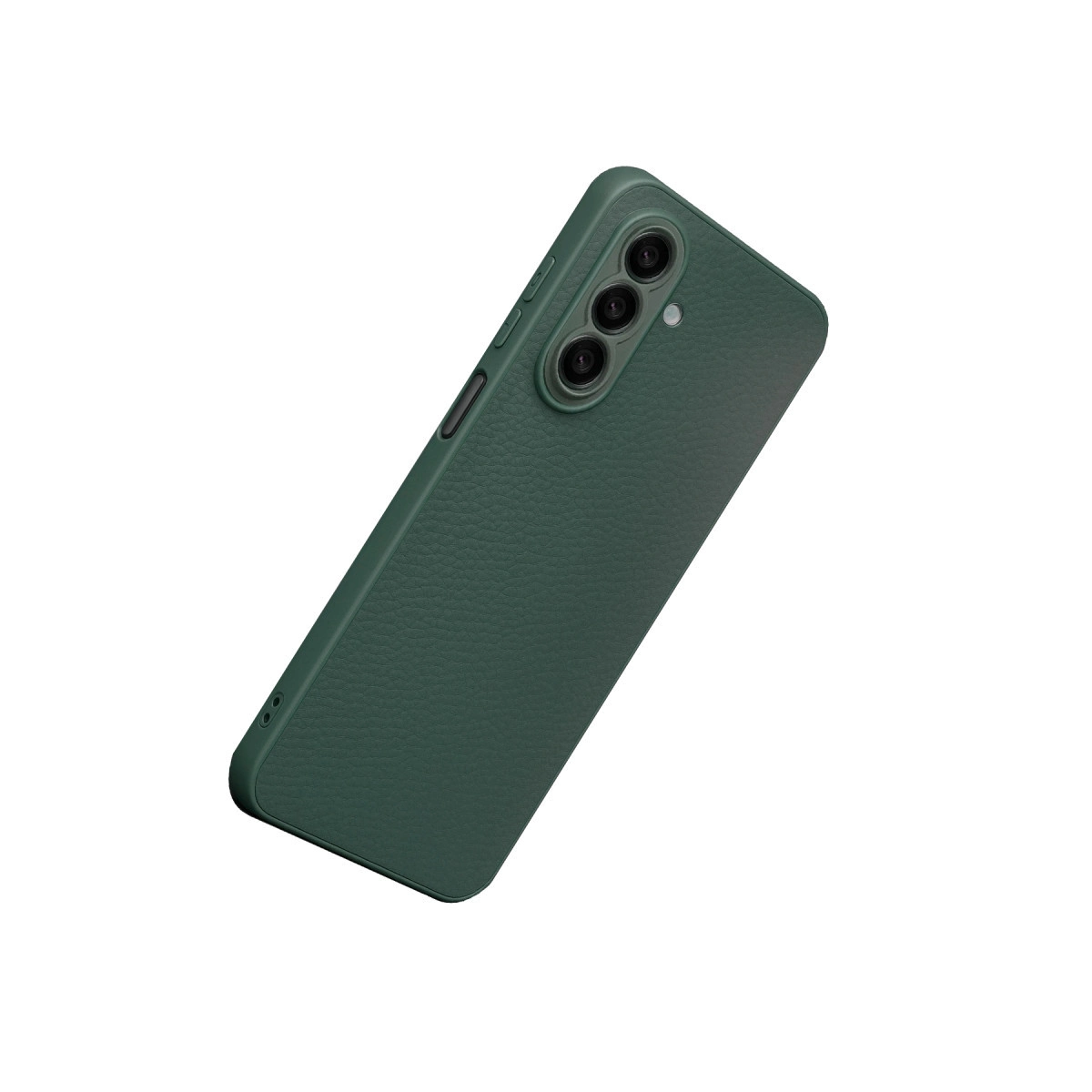 Doku yüzeyli, üç kamera lensli koyu yeşil telefon kılıfı.