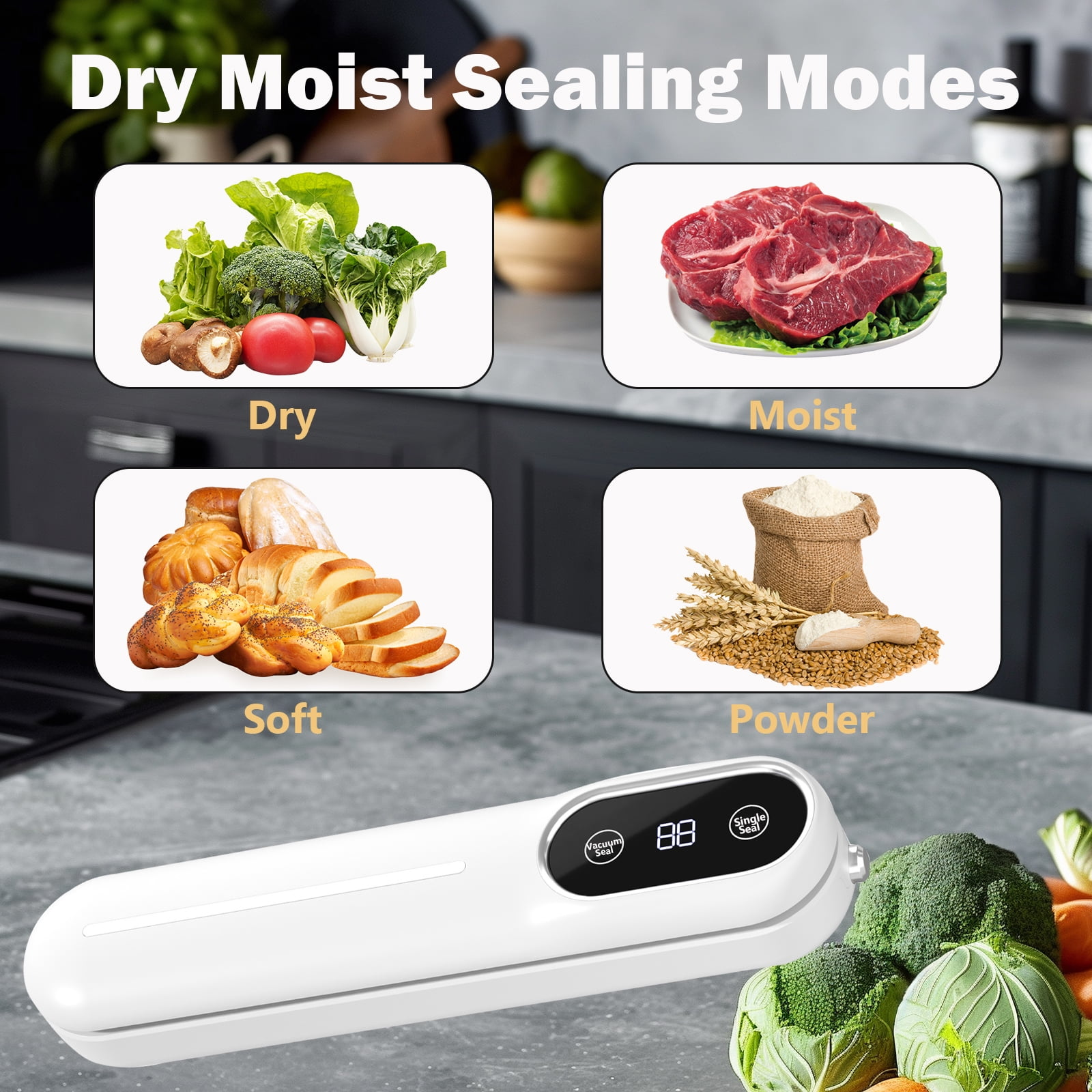 Vakuumierer mit Modi: Gemüse, Fleisch, Brot und Mehl. Angezeigt werden die Modi Dry, Moist, Soft, Powder.
