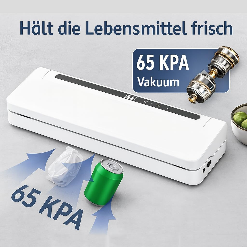 Ein weißer Vakuumierer mit einer grünen Dose und einem Beutel.