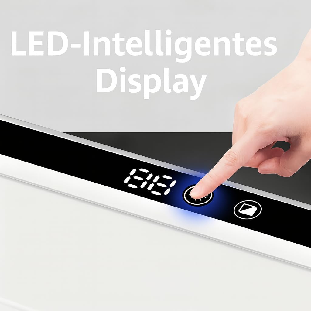 Ein Finger tippt auf einen beleuchteten Knopf auf einem Display mit "LED-Intelligentes Display".
