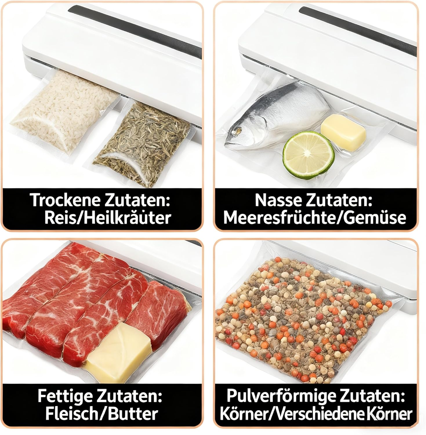 Vier Beispiele für Vakuumversiegelung: Reis, Fisch, Fleisch und Gewürze.