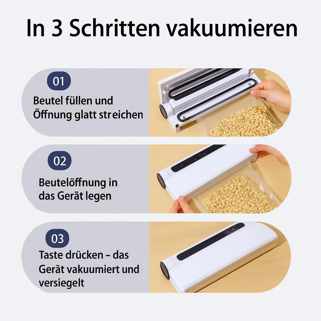 Vakuumiergerät in 3 Schritten: Beutel füllen, öffnen, Gerät legen, Taste drücken.