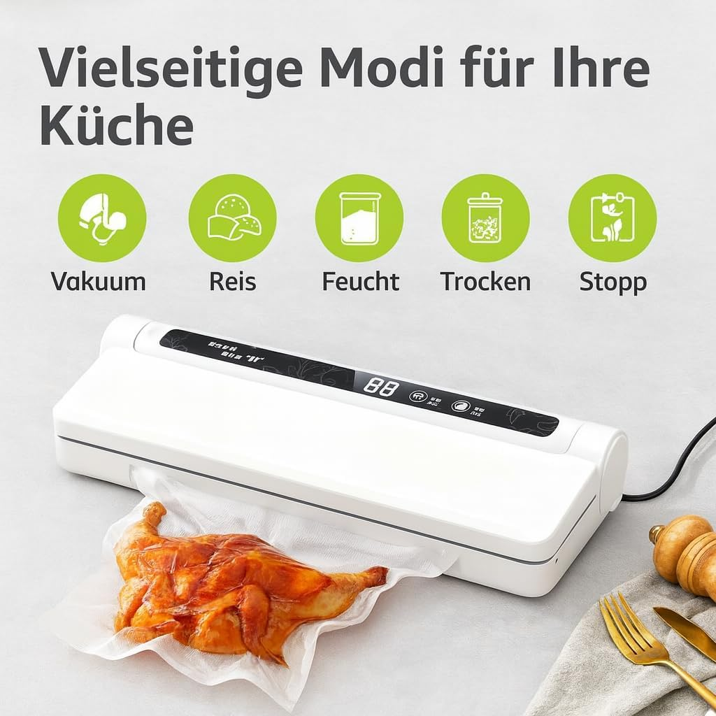 Ein Vakuumierer mit verschiedenen Modi für Vakuum, Reis, Feucht, Trocken und Stopp.