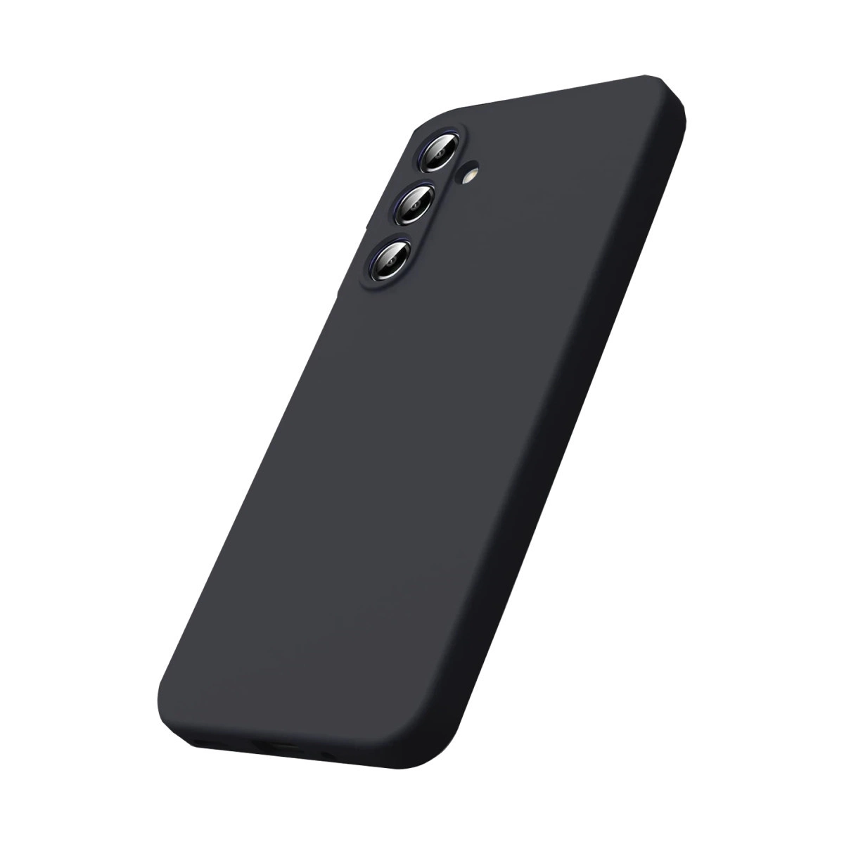 Üç kameralı koyu gri telefon, beyaz arka plan üzerinde.