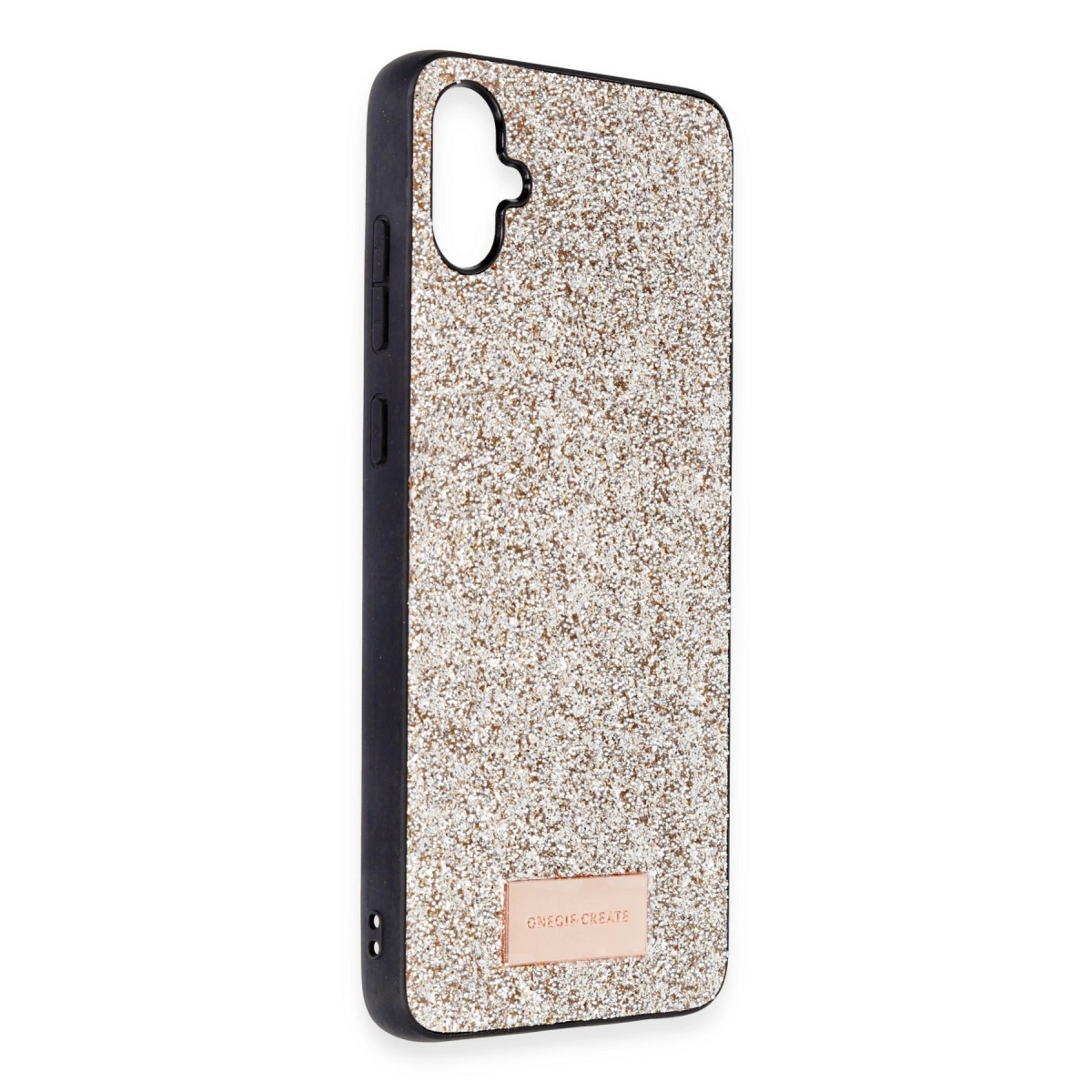 Siyah kenarlı ve kamera kesimli ışıltılı telefon kılıfı.