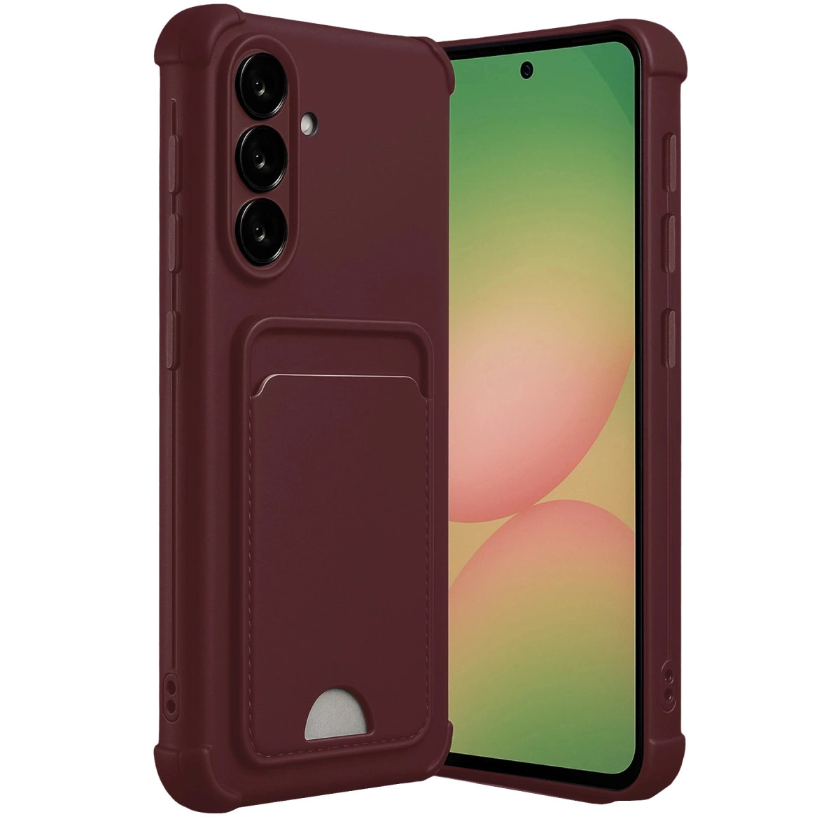 Bordo telefon kılıfı, kart yuvalı, renkli arka plana karşı.