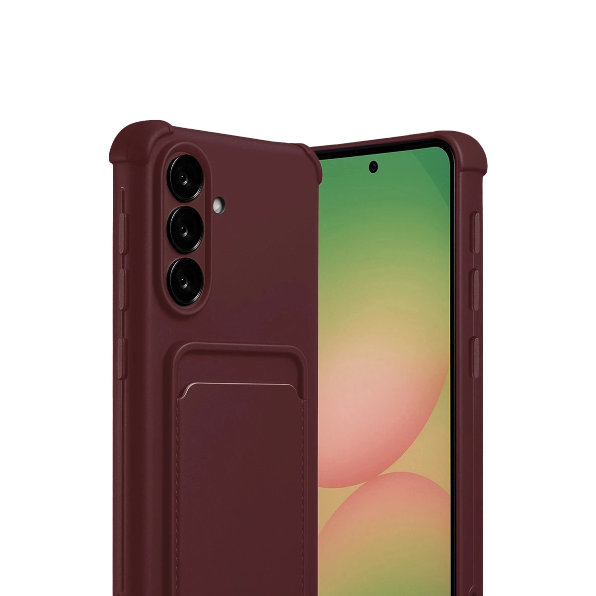 Kart bölmeli, üç kameralı bordo telefon kılıfı.