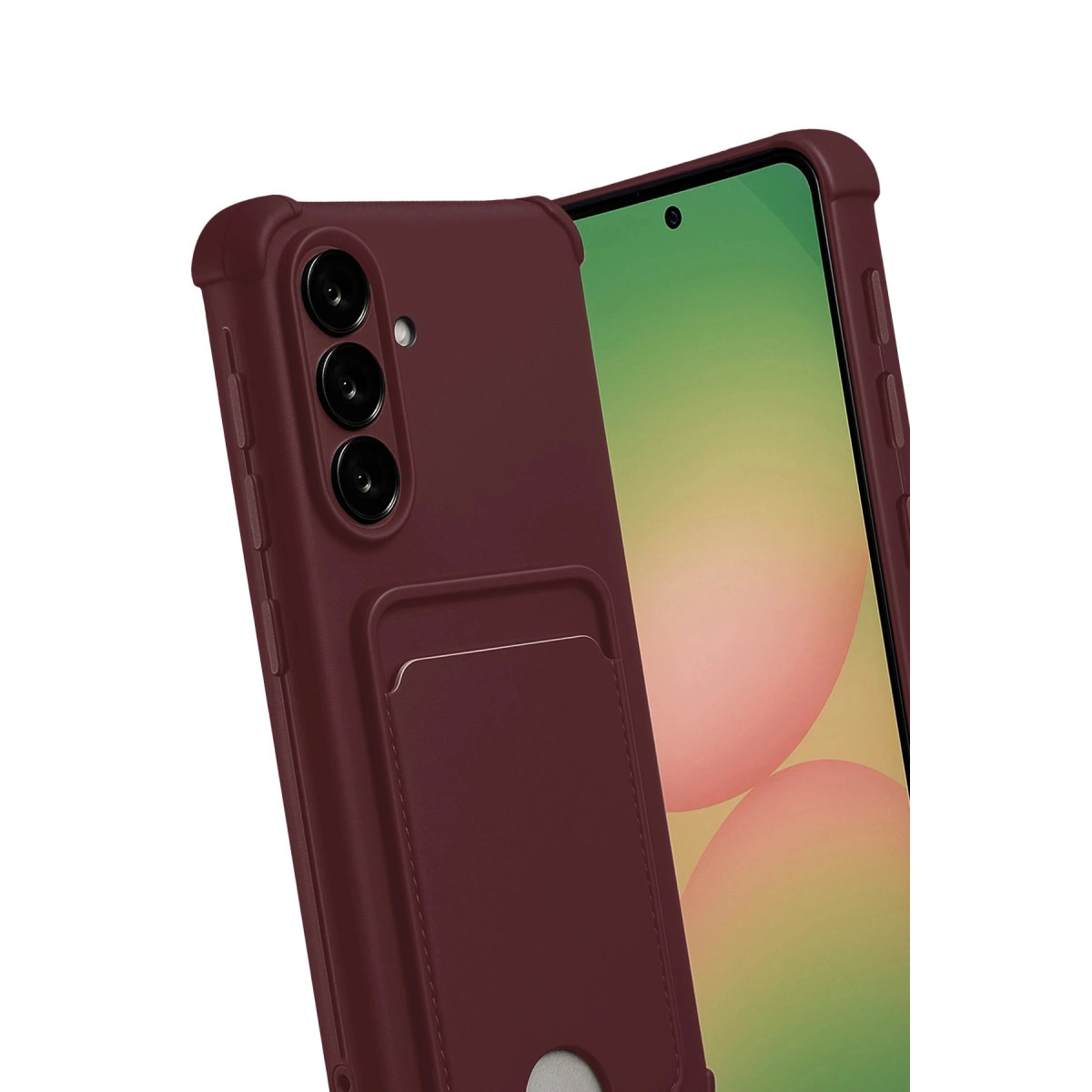 Koyu kırmızı telefon, kart yuvası ve arkada üç kamera bulunur.