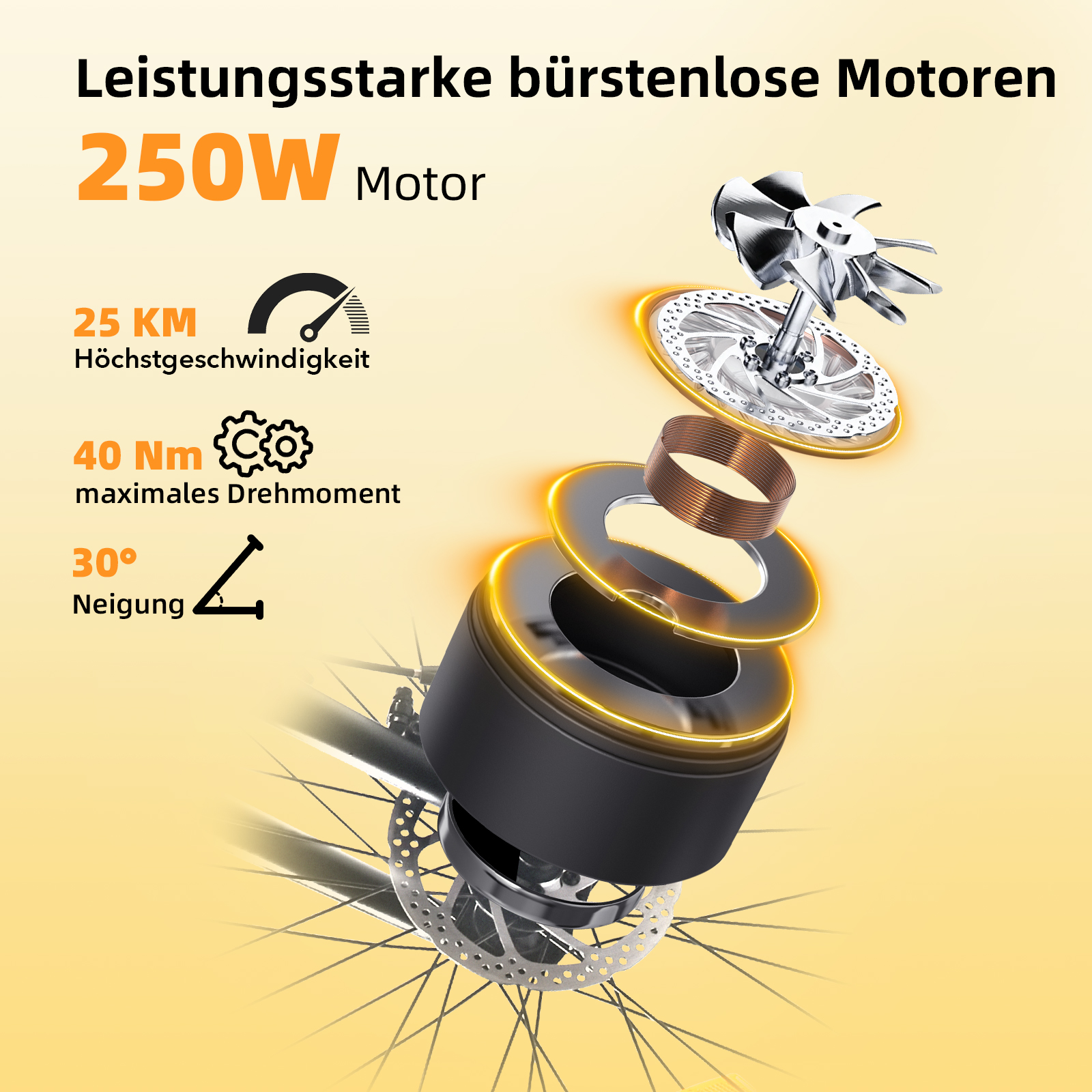 Widok rozstrzelony silnika 250W ze specyfikacjami: 25 km/h, 40 Nm, 30 stopni.