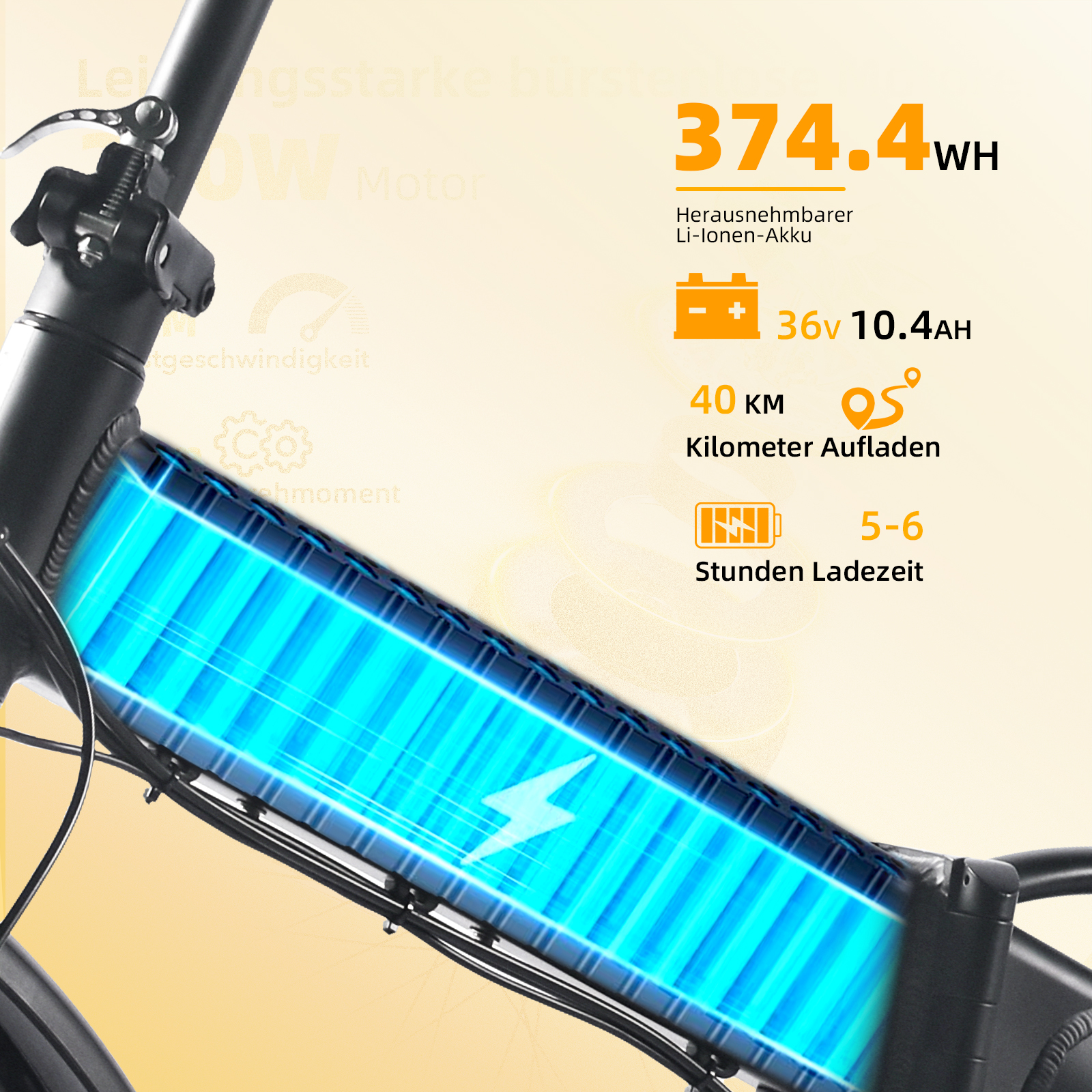 Szczegóły baterii roweru elektrycznego: 374.4Wh, 36V 10.4AH, zasięg 40km, 5-6h ładowania.