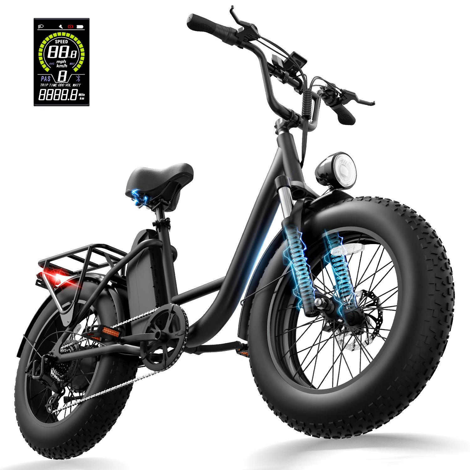 Czarny rower elektryczny typu fatbike z amortyzacją i cyfrowym wyświetlaczem.