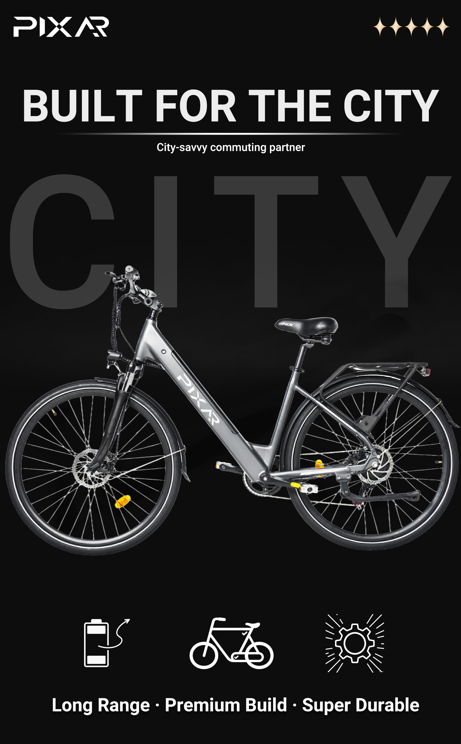 Graues City-E-Bike mit dem Text „Built for the City“.