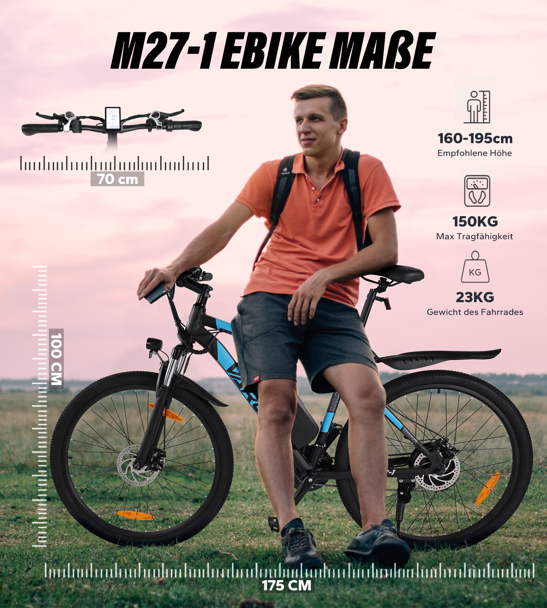 Mężczyzna siedzi na rowerze elektrycznym. Podano wymiary i wagi.