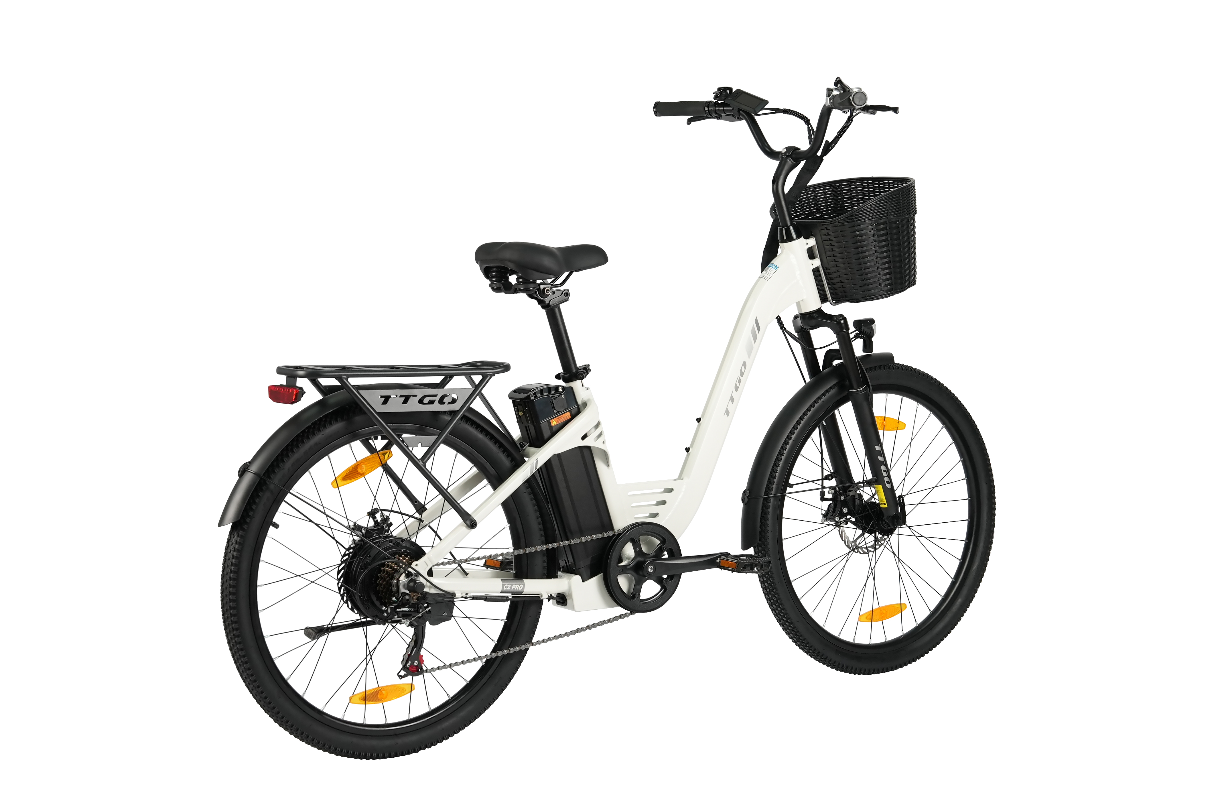 Ein weißes E-Bike mit schwarzem Korb, Gepäckträger und Reifen.
