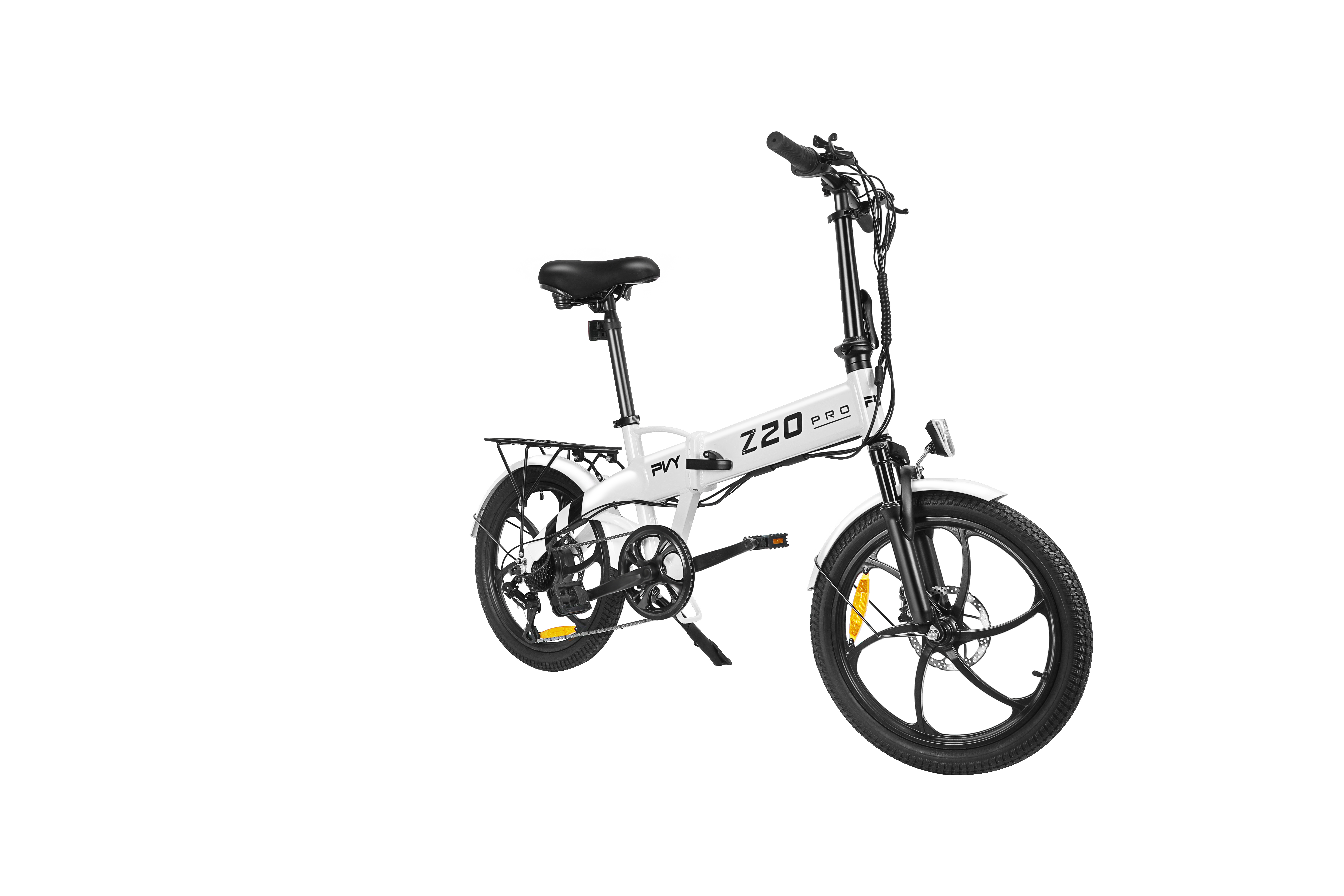 Ein weißes faltbares E-Bike mit schwarzen Rädern und Sattel.