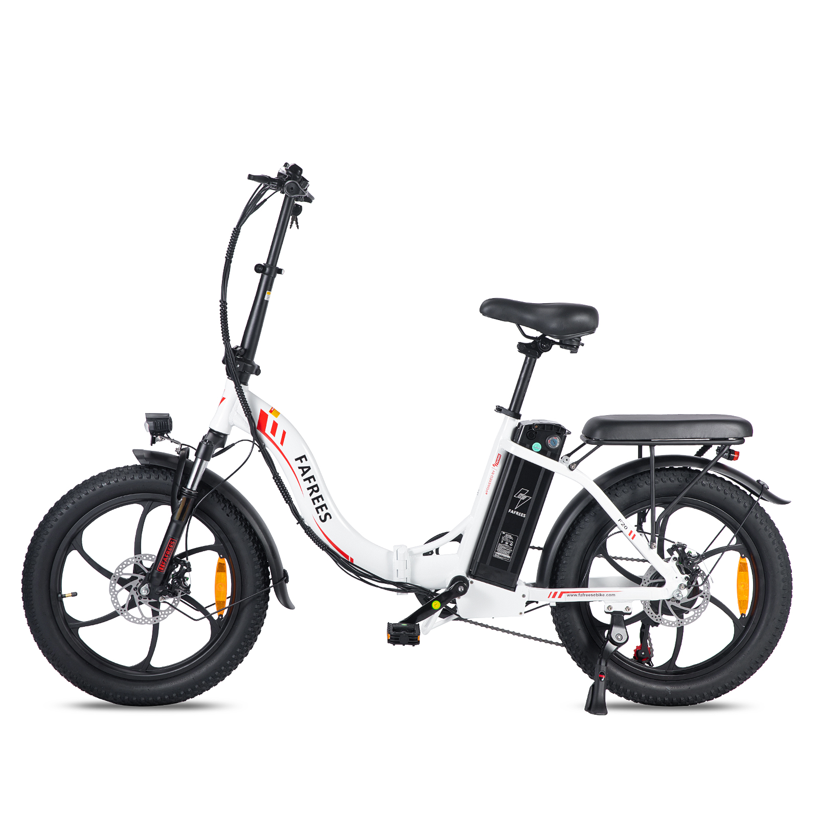 Ein weißes faltbares E-Bike mit schwarzen Reifen, Sattel und Akku.