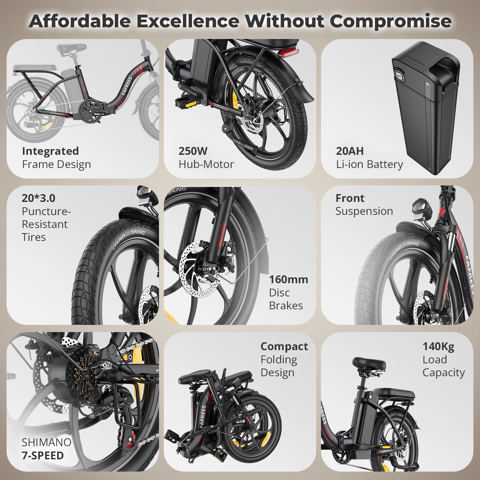 Ein E-Bike mit integriertem Rahmen, 250W Motor, 20AH Akku, 20-Zoll-Reifen.