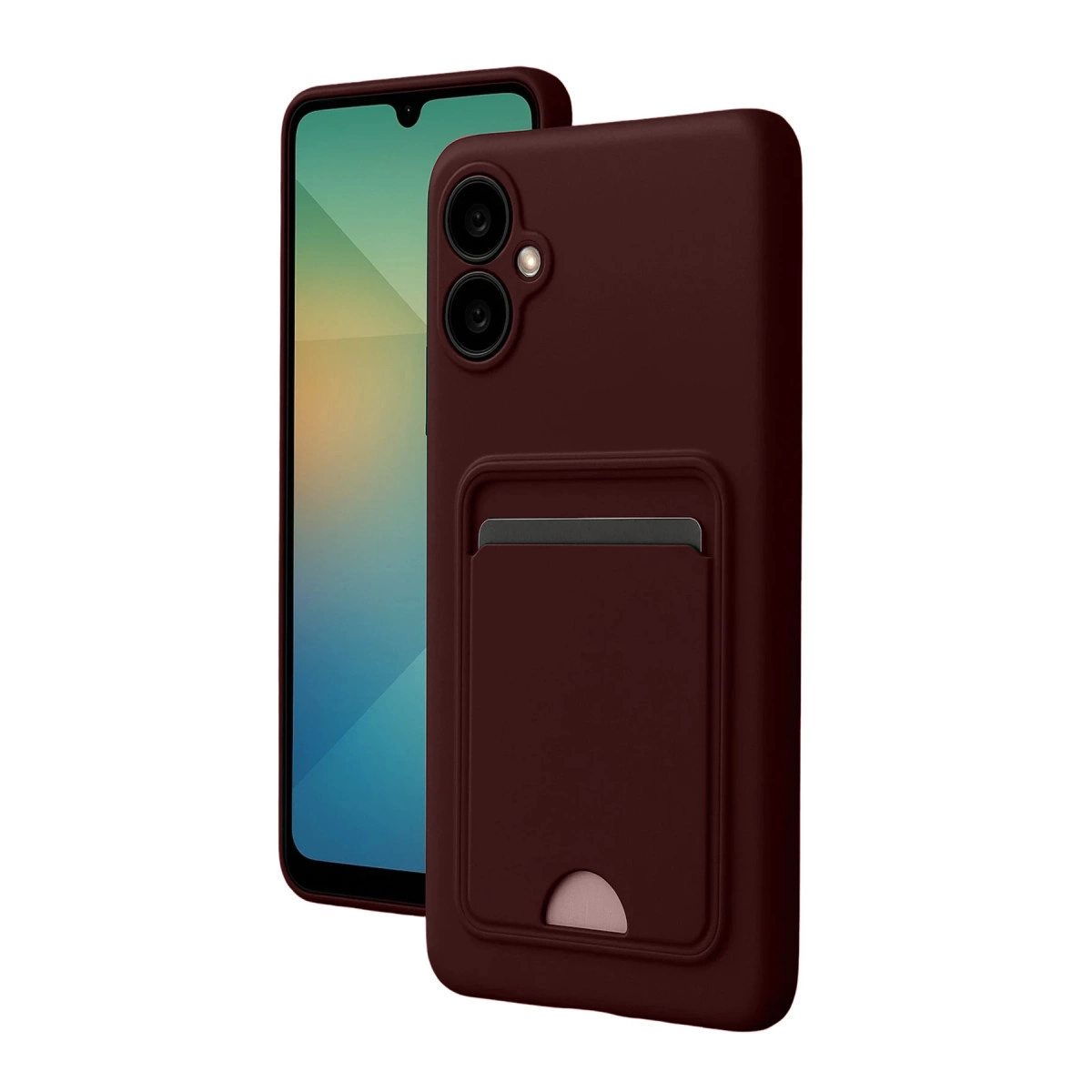 Koyu kırmızı telefon kılıfı, kart yuvalı, yeşil ekranlı bir akıllı telefonun yanında.
