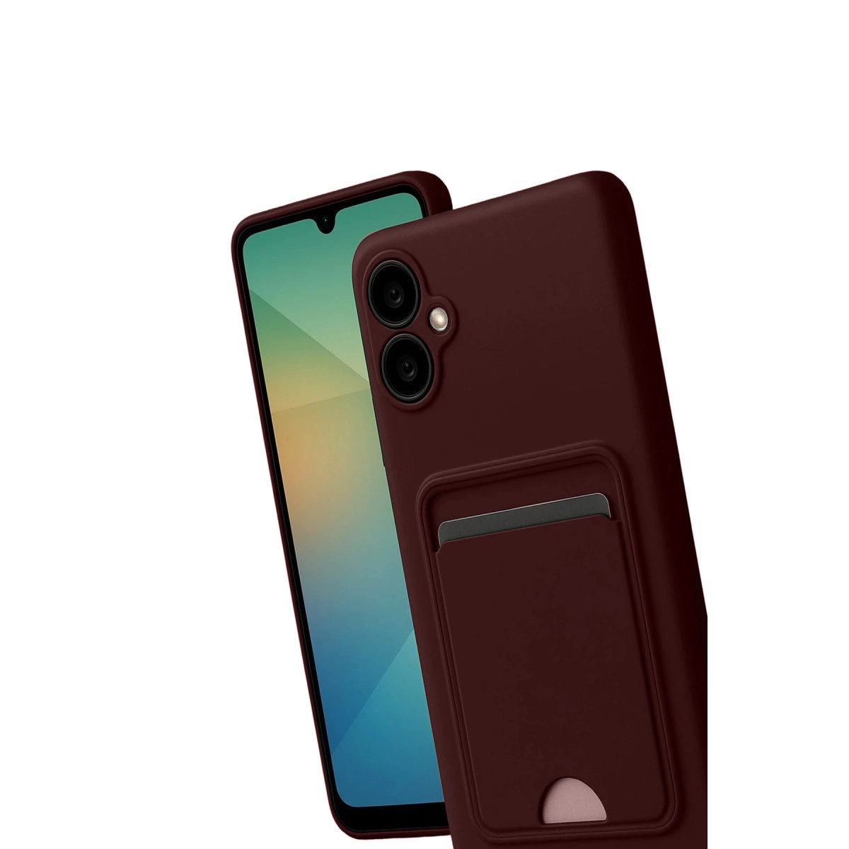 Arkada kartlık kılıfı olan koyu kırmızı bir telefon.