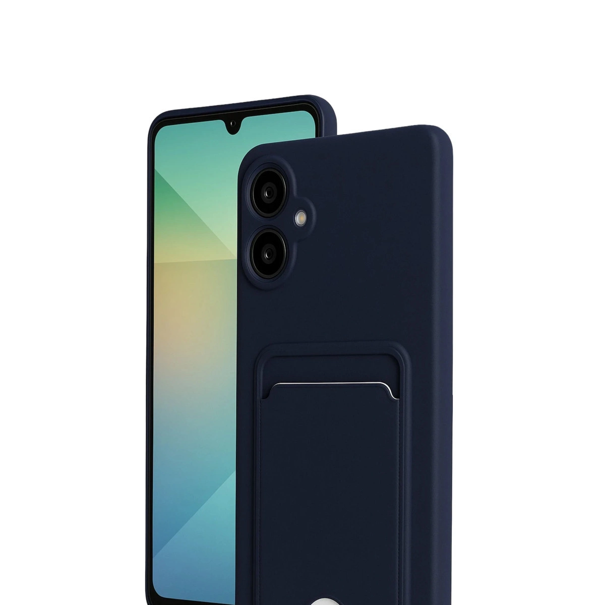 Koyu mavi telefon, kart tutucu ve iki kameralı. Ekranı görünür durumdadır.