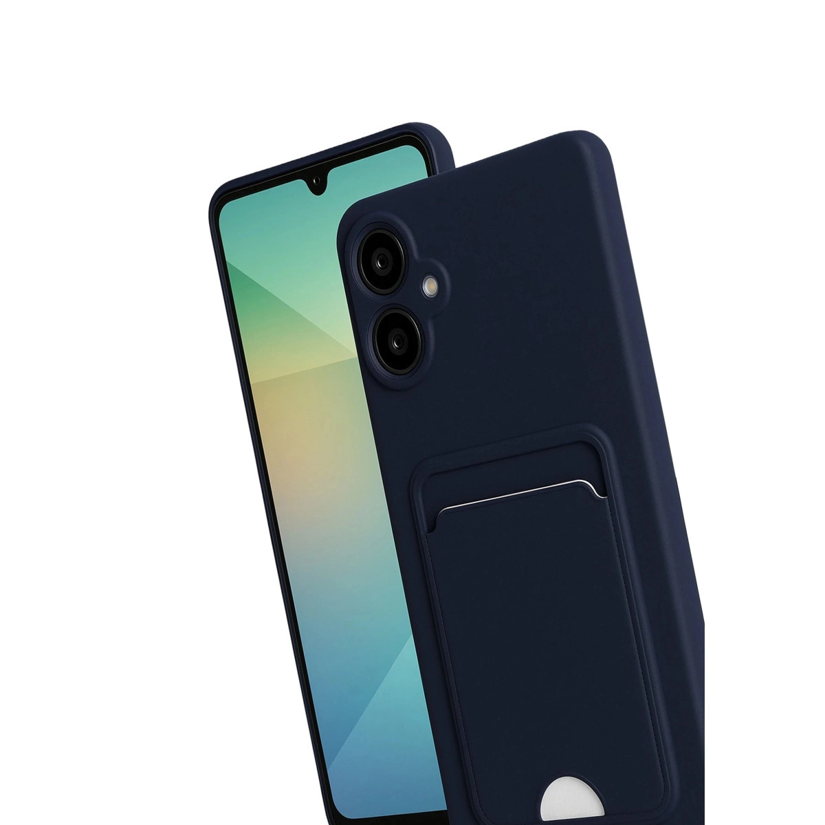 Mavi ekranlı akıllı telefonda kart yuvalı lacivert telefon kılıfı.